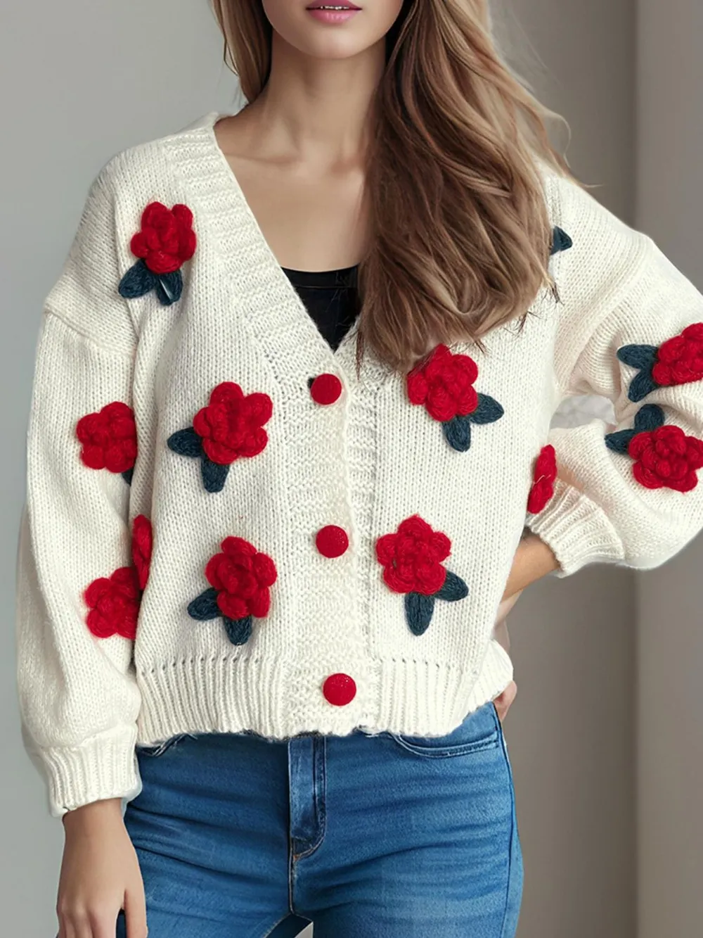 Flower Button Down V-Neck Long Sleeve Cardigan, image 4