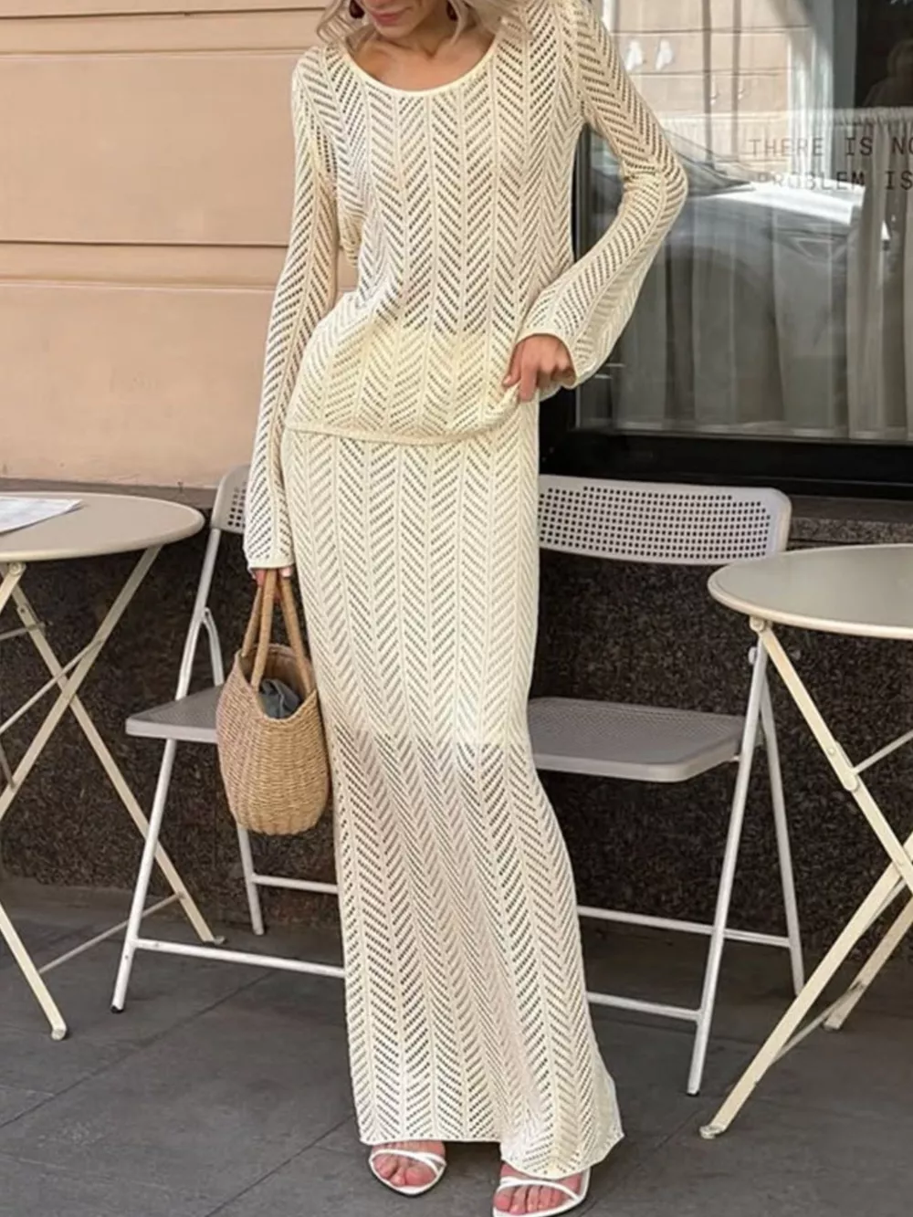 Openwork Long Sleeve Knit Top and Skirt Set, image 7