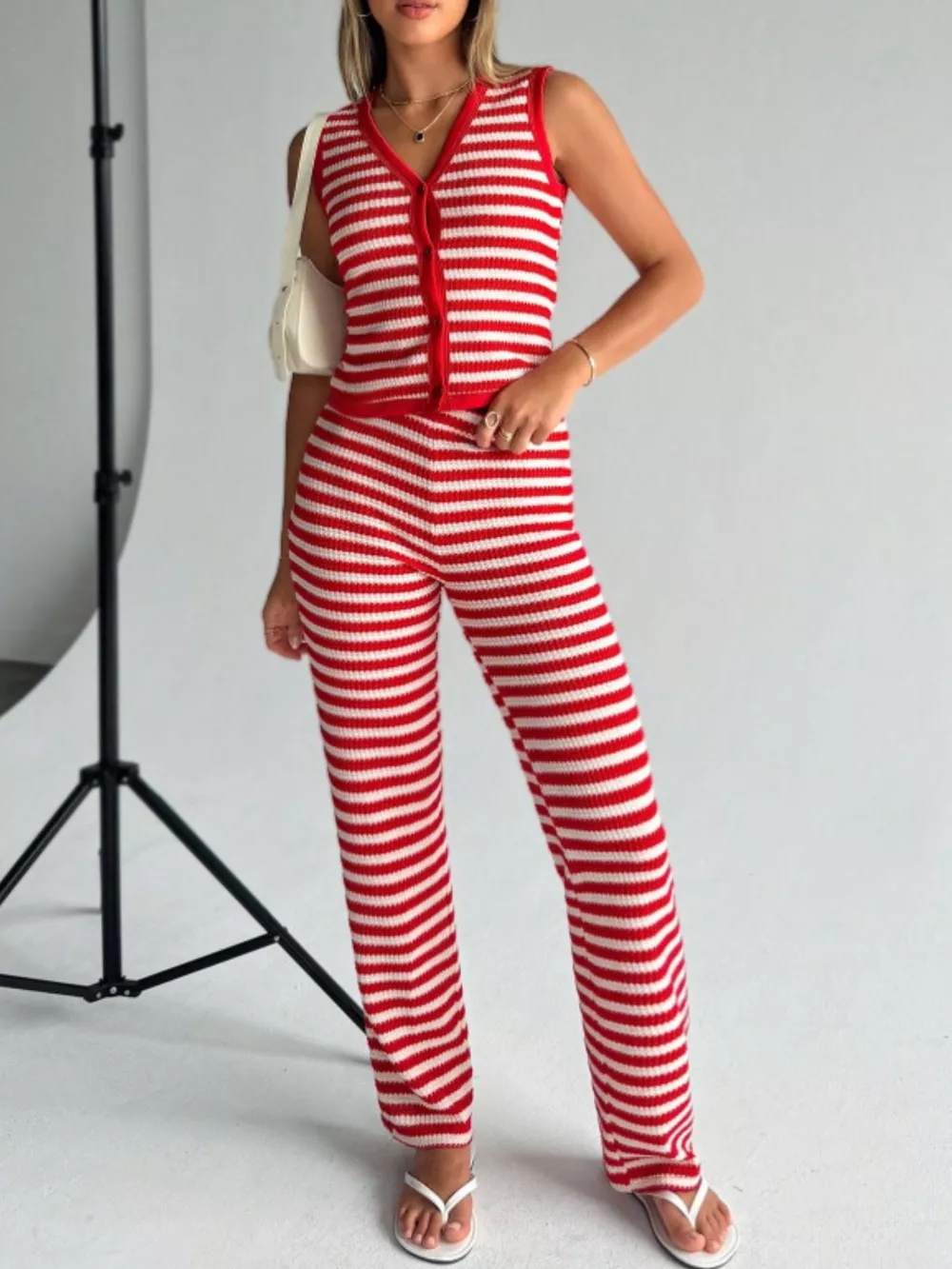 Striped Knit V-Neck Button-Up Sleeveless Top and Flare Pants Set, image 21