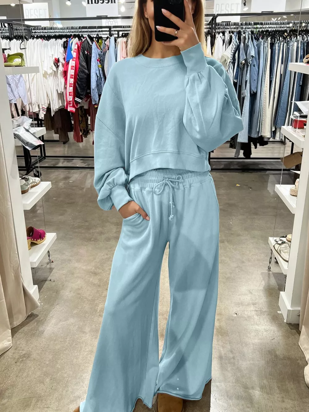 Drop Shoulder Puff Sleeve Crop Top and Drawstring Wide Leg Pants Set, image 3