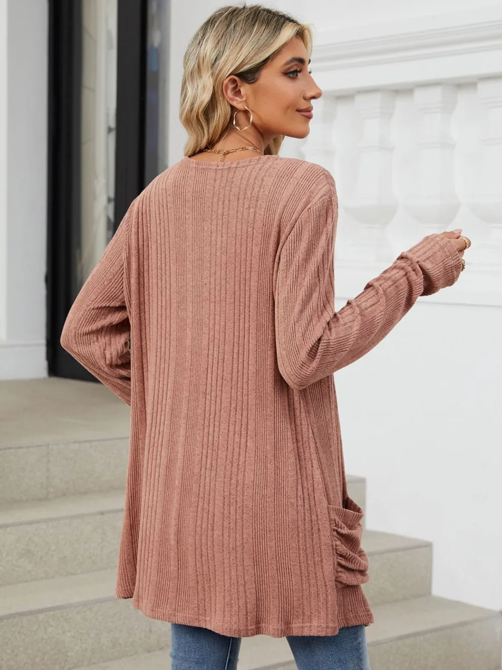 Pocketed Open Front Long Sleeve Cardigan, image 3