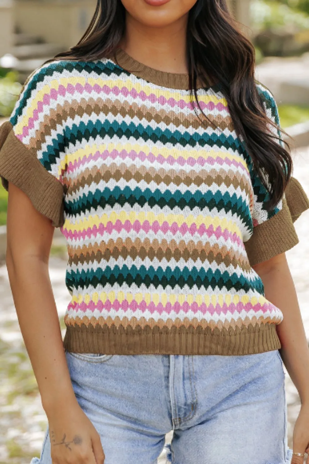 Contrast Round Neck Short Sleeve Sweater, image 5