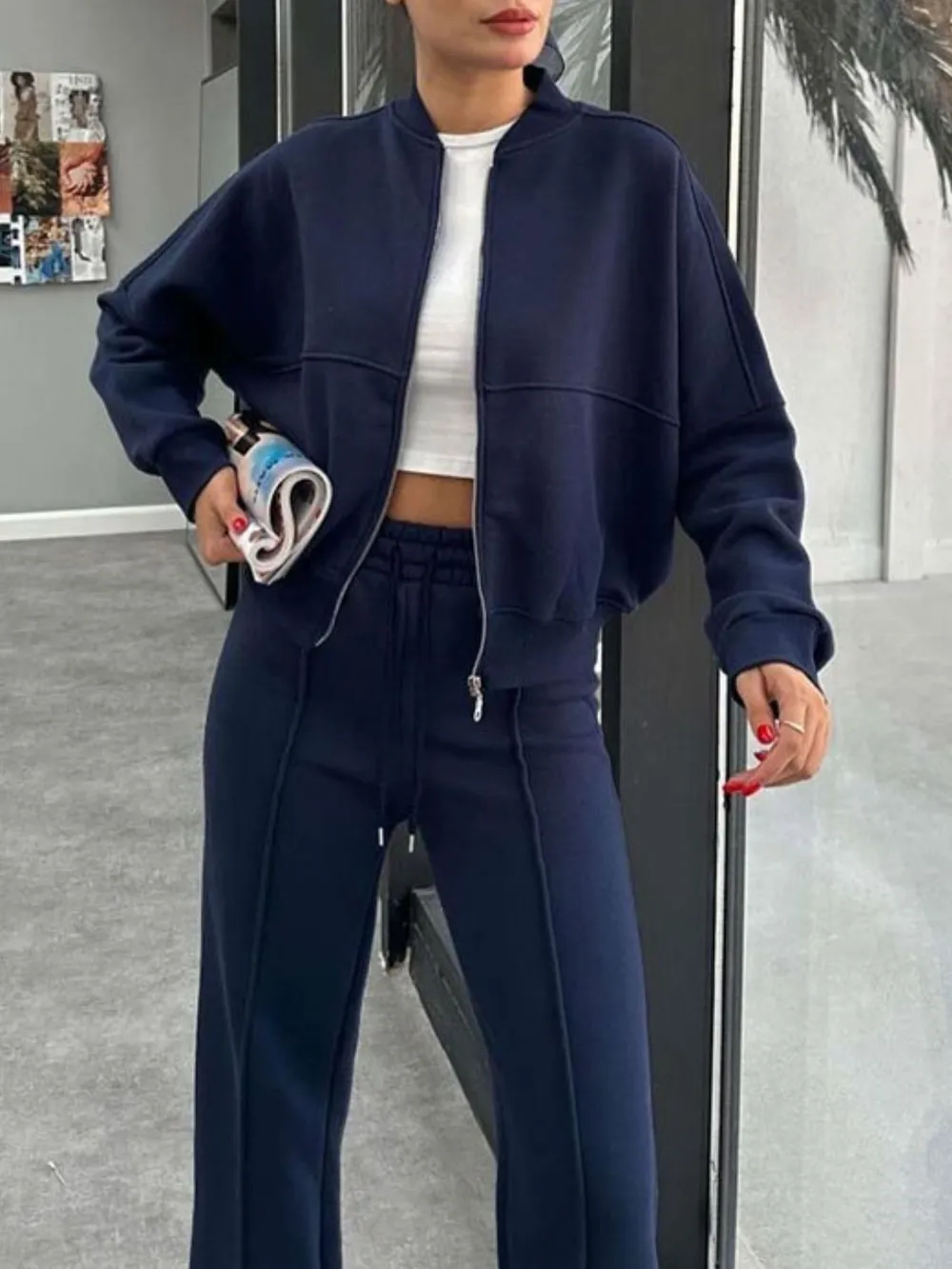 Baseball Collar Zip Up Outerwear and Drawstring Pants Set, image 5