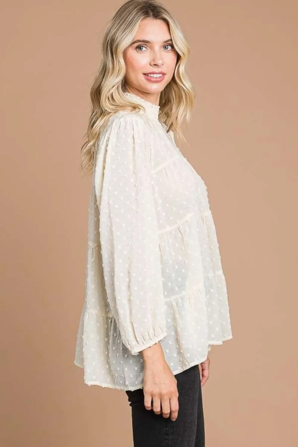 Full Size Swiss Dot Smocked Mock Neck Blouse Plus Size, image 3