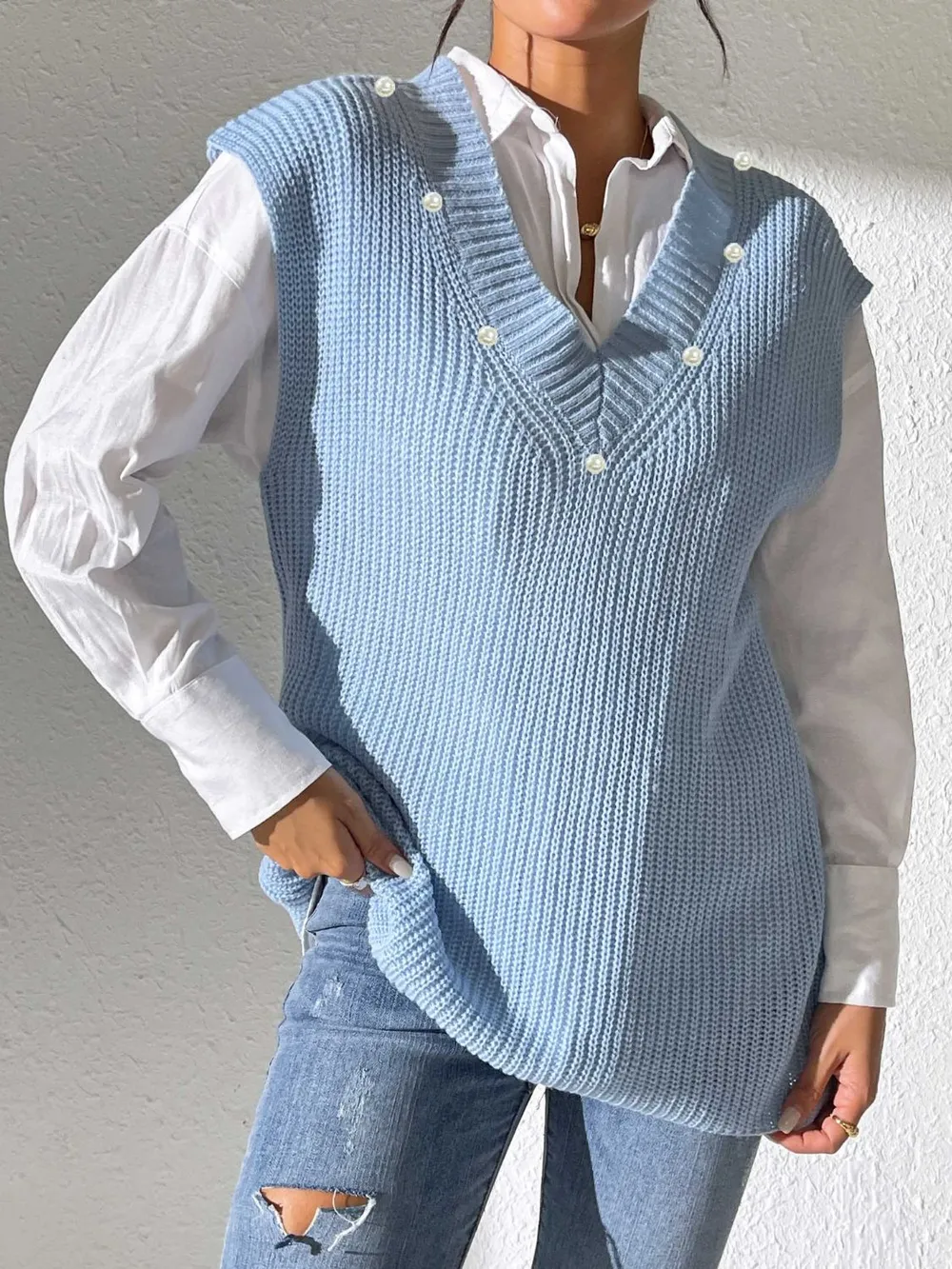 Pearl Trim V-Neck Sweater Vest, image 5