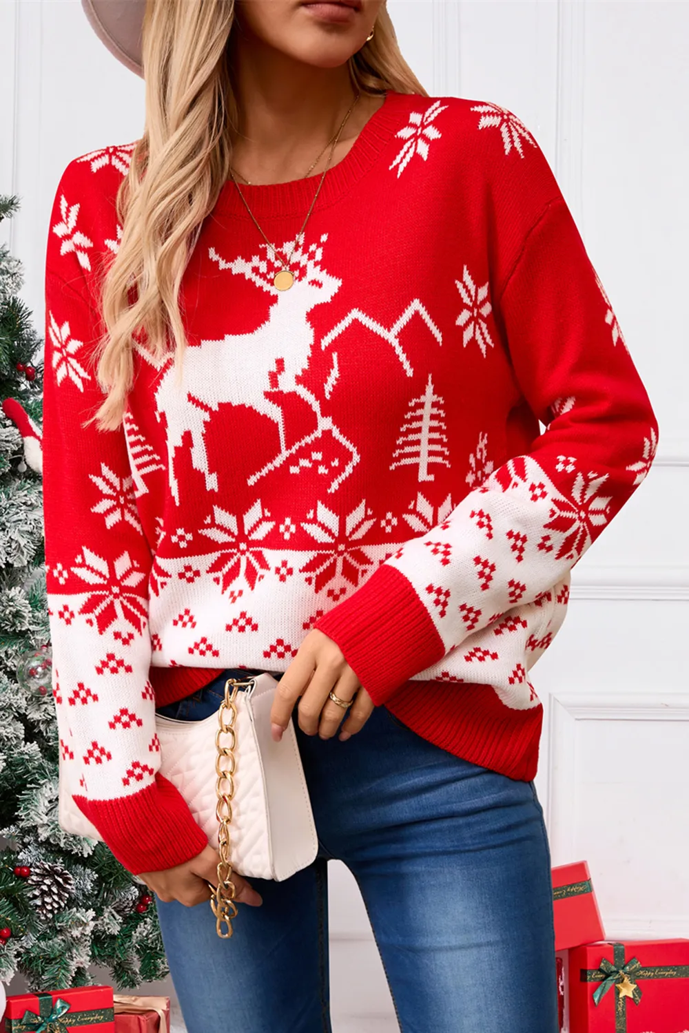 Deer Pattern Round Neck Long Sleeve Sweater, image 4