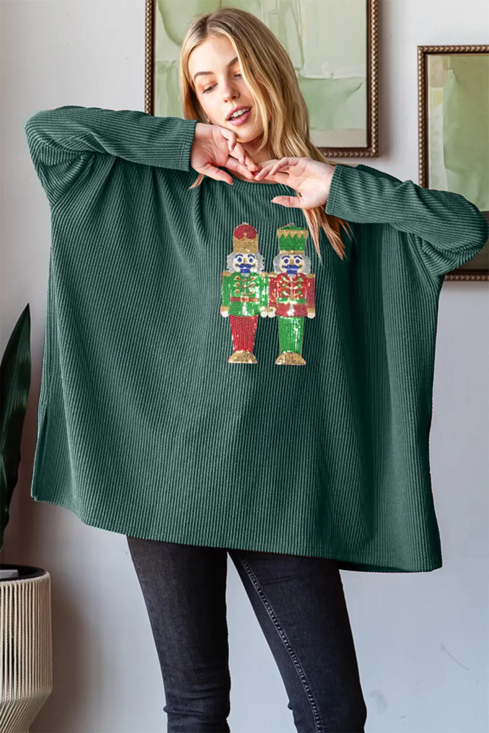 Sequin Nutcracker Long Sleeve Ribbed Top, image 3