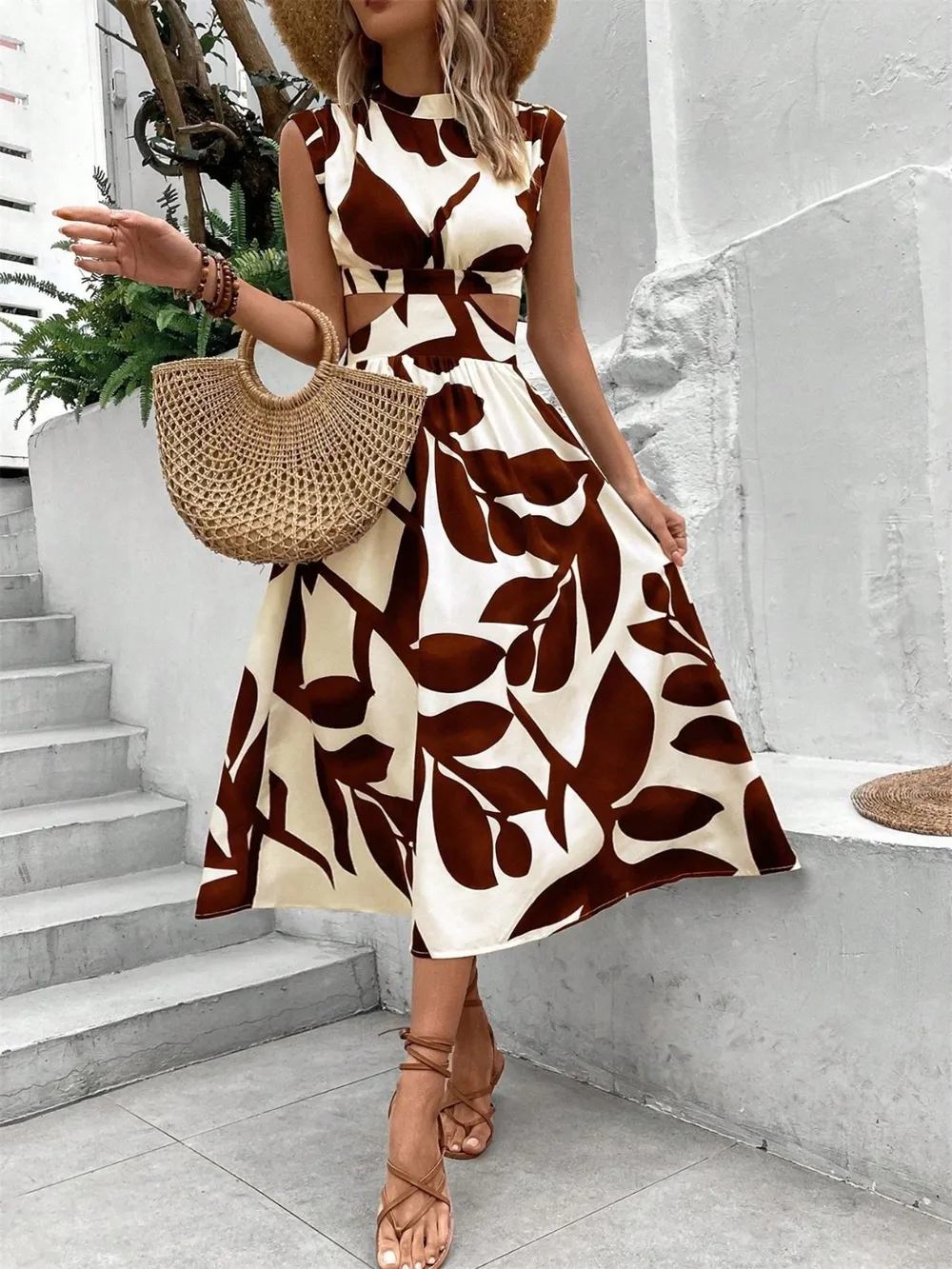 Cutout Printed Cap Sleeve Midi Dress, image 6