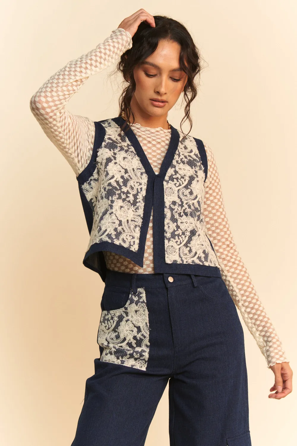 Lace Patch Open Front Denim Vest, image 3
