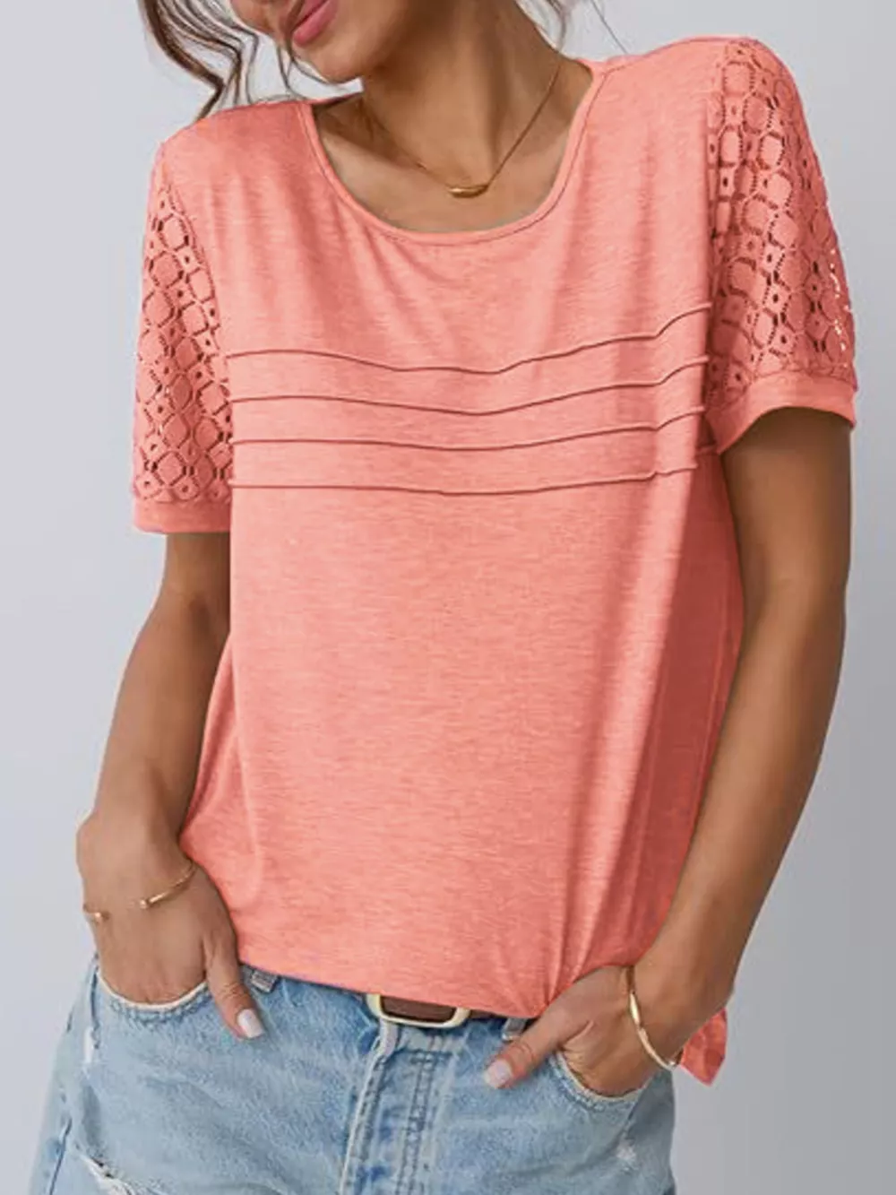 Lace Short Sleeve Round Neck T-Shirt, image 2