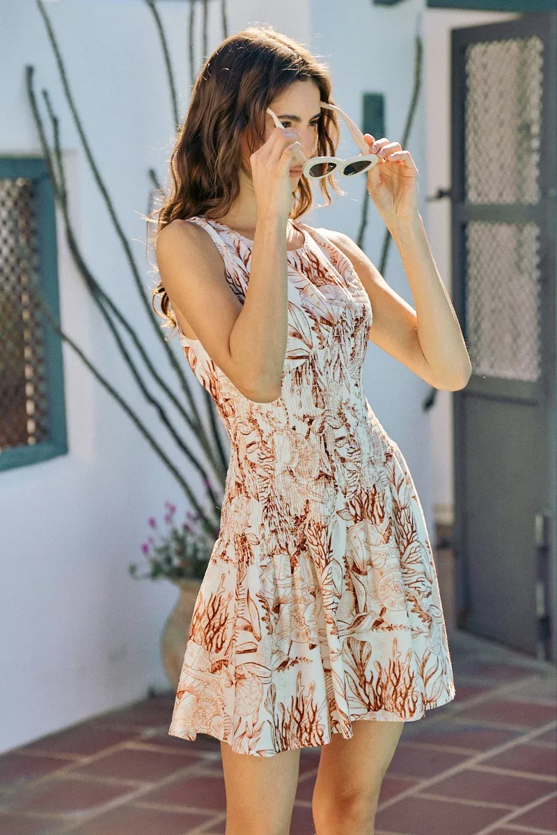 Shell Print Smocked Fit And Flare Mini Lined Dress, image 11