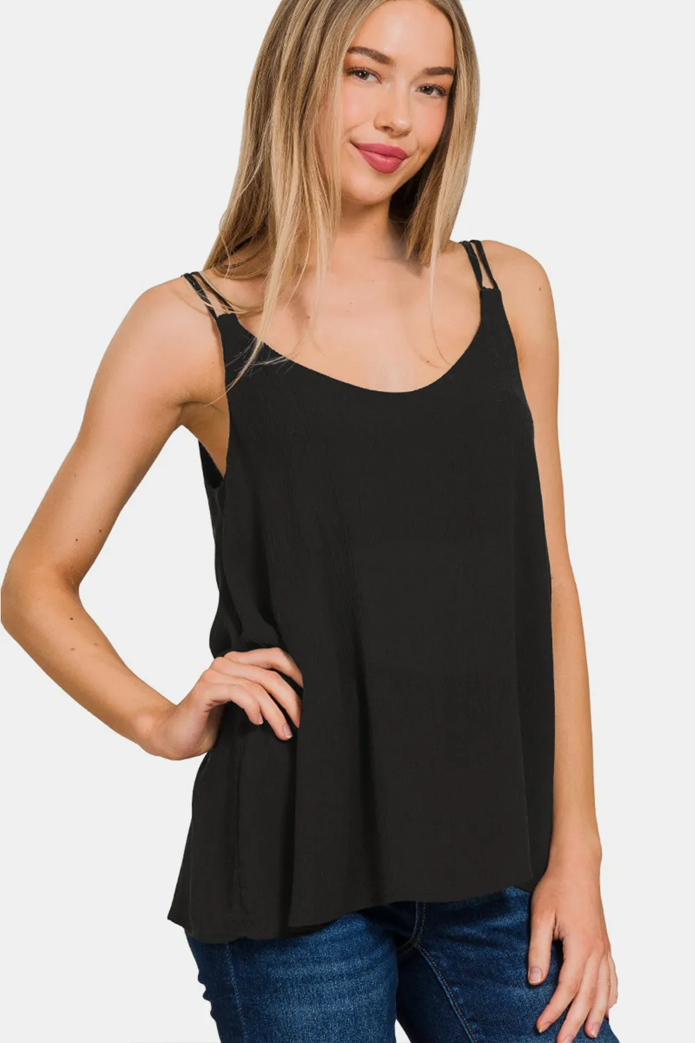 Woven Double Spaghetti Strap V-Neck Cami, image 3