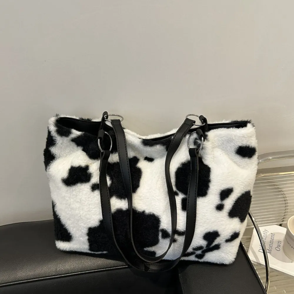 Cow Print Furry Tote Bag, image 3