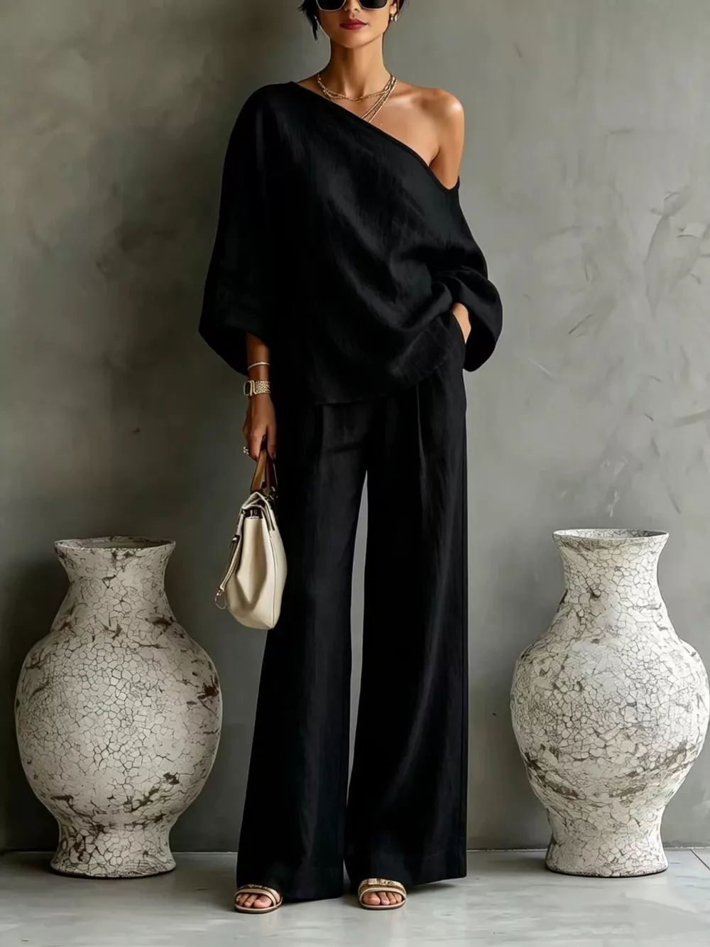 One Shoulder Top and Wide Leg Pants Set