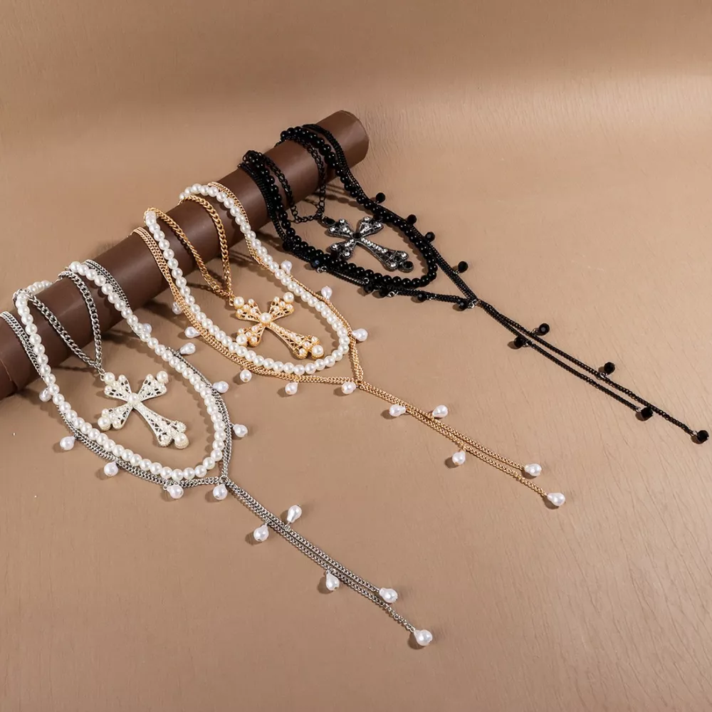 Pearl Cross Pendant Necklace 3 Piece Set, image 3