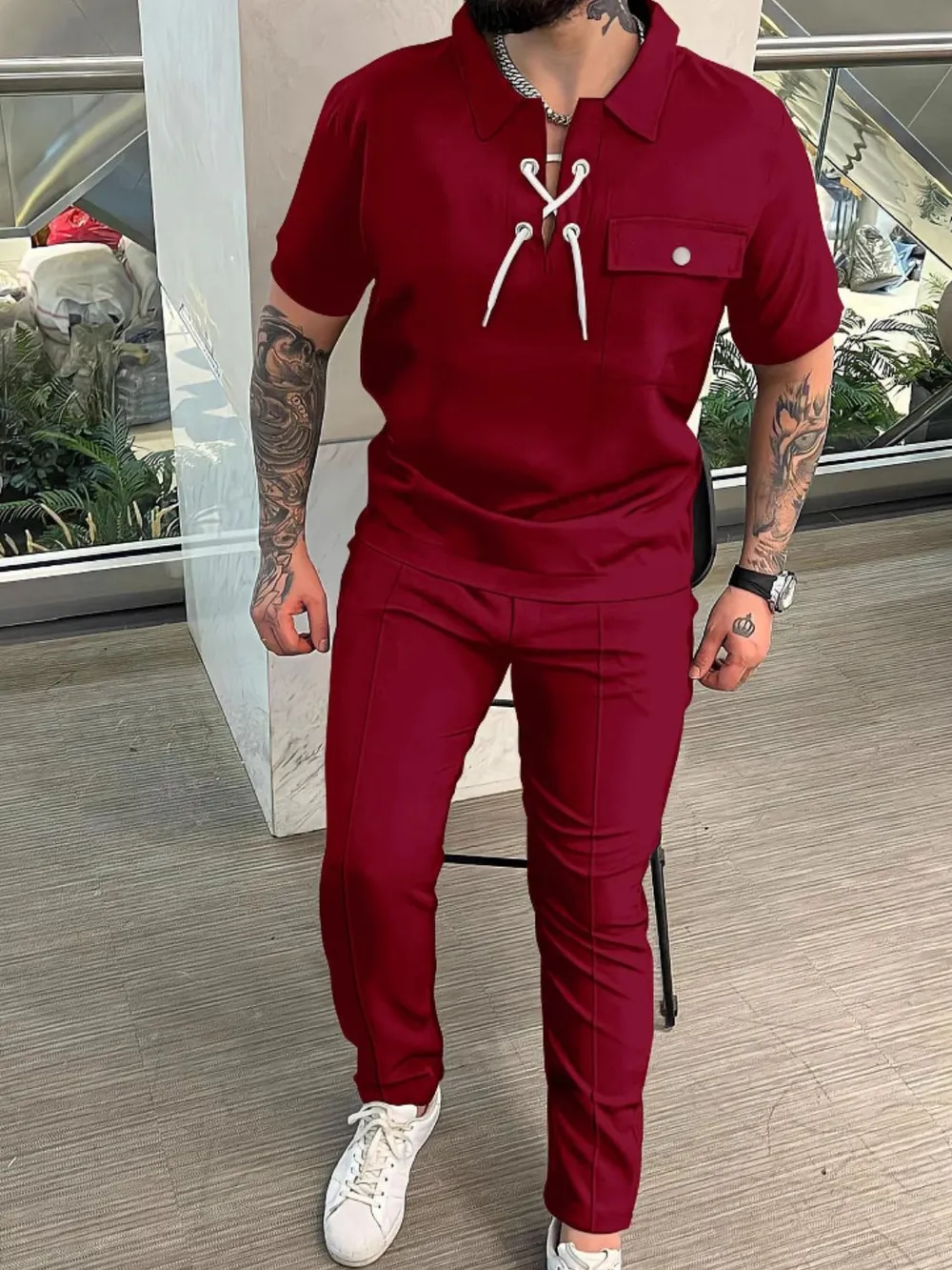 Men's Full Size Lace Up Short Sleeve Top and Pants Plus Size, image 4