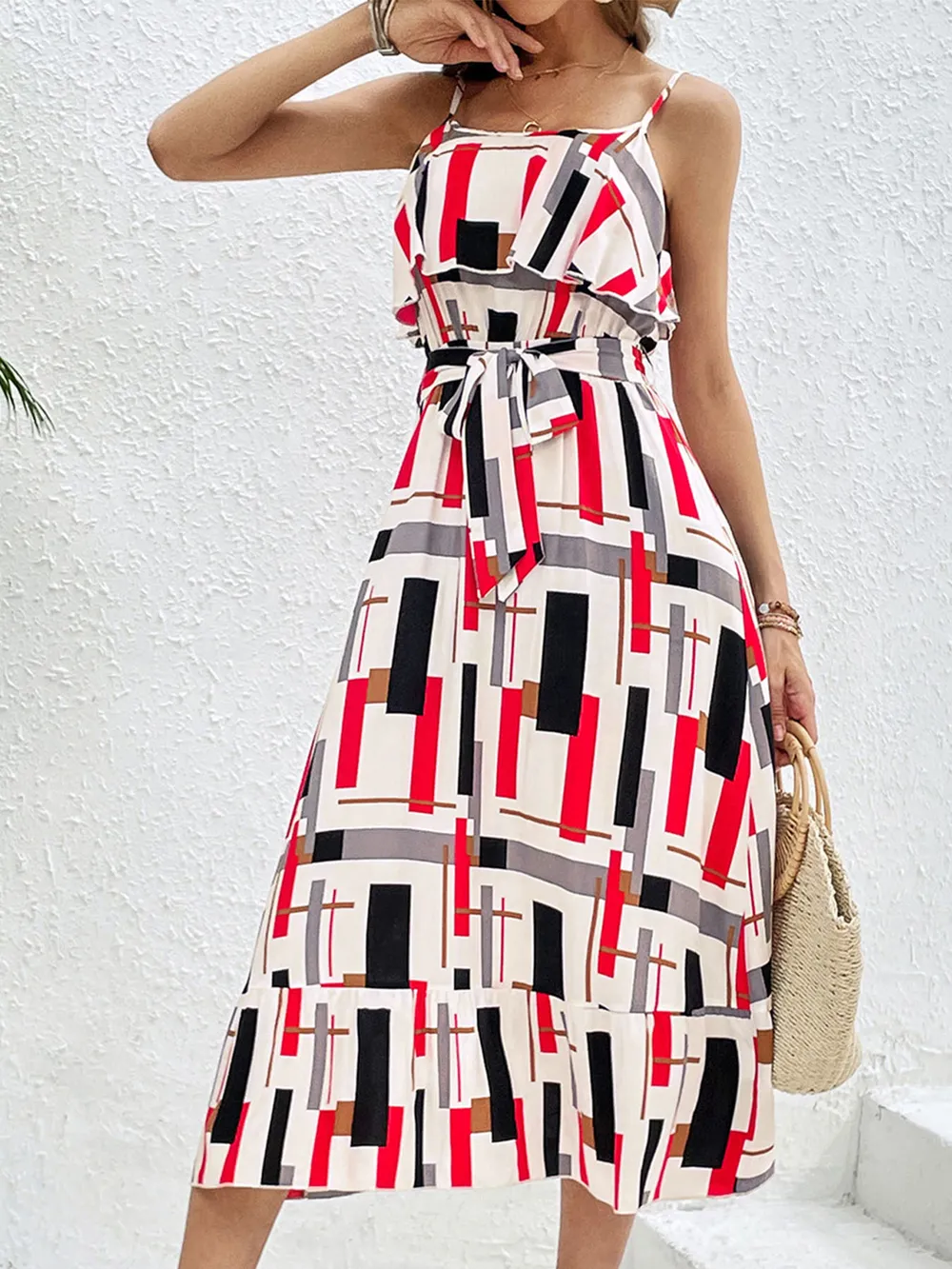 Ruffled Printed Tie Waist Midi Dress, image 2