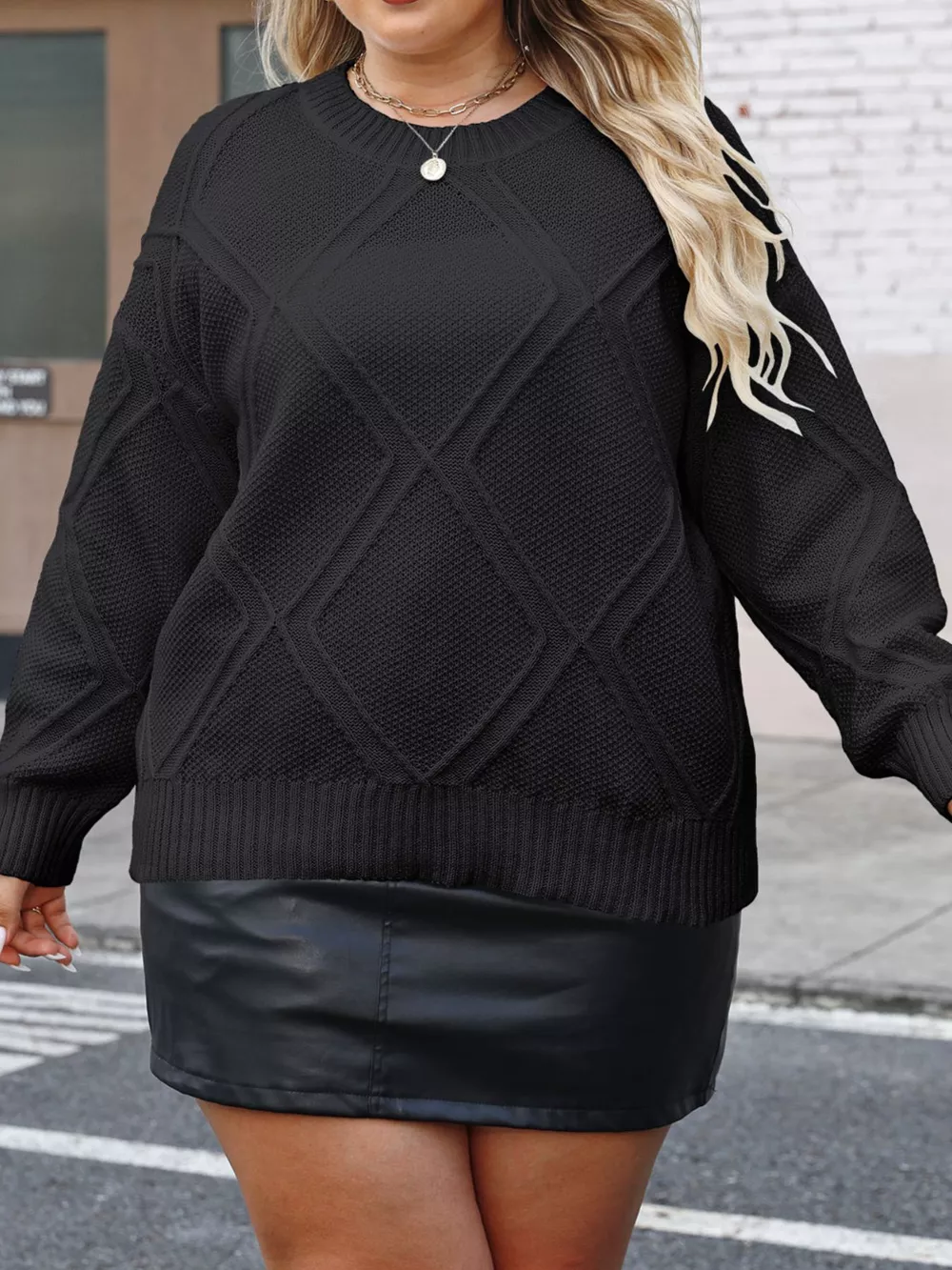 Plus Size Diamond Pattern Round Neck Sweater, image 8