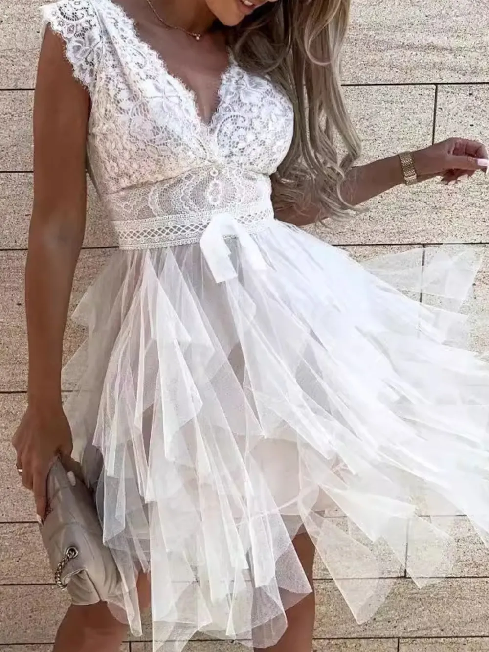 Lace V-Neck Ruffle Dress, image 2