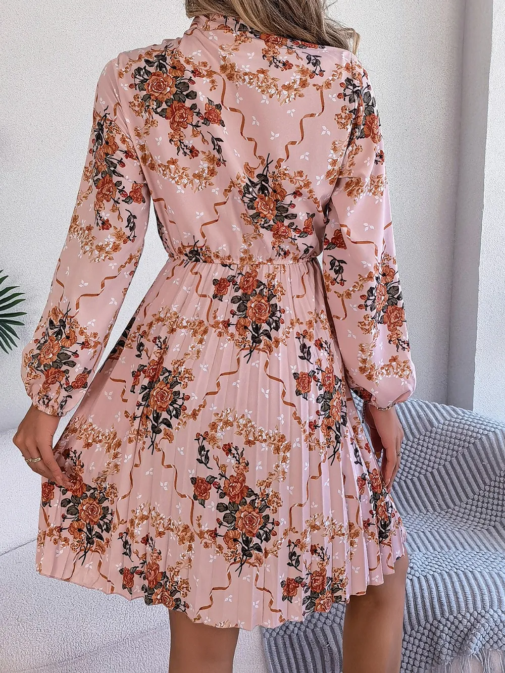 Pleated Printed Tie Neck Long Sleeve Dress, image 3
