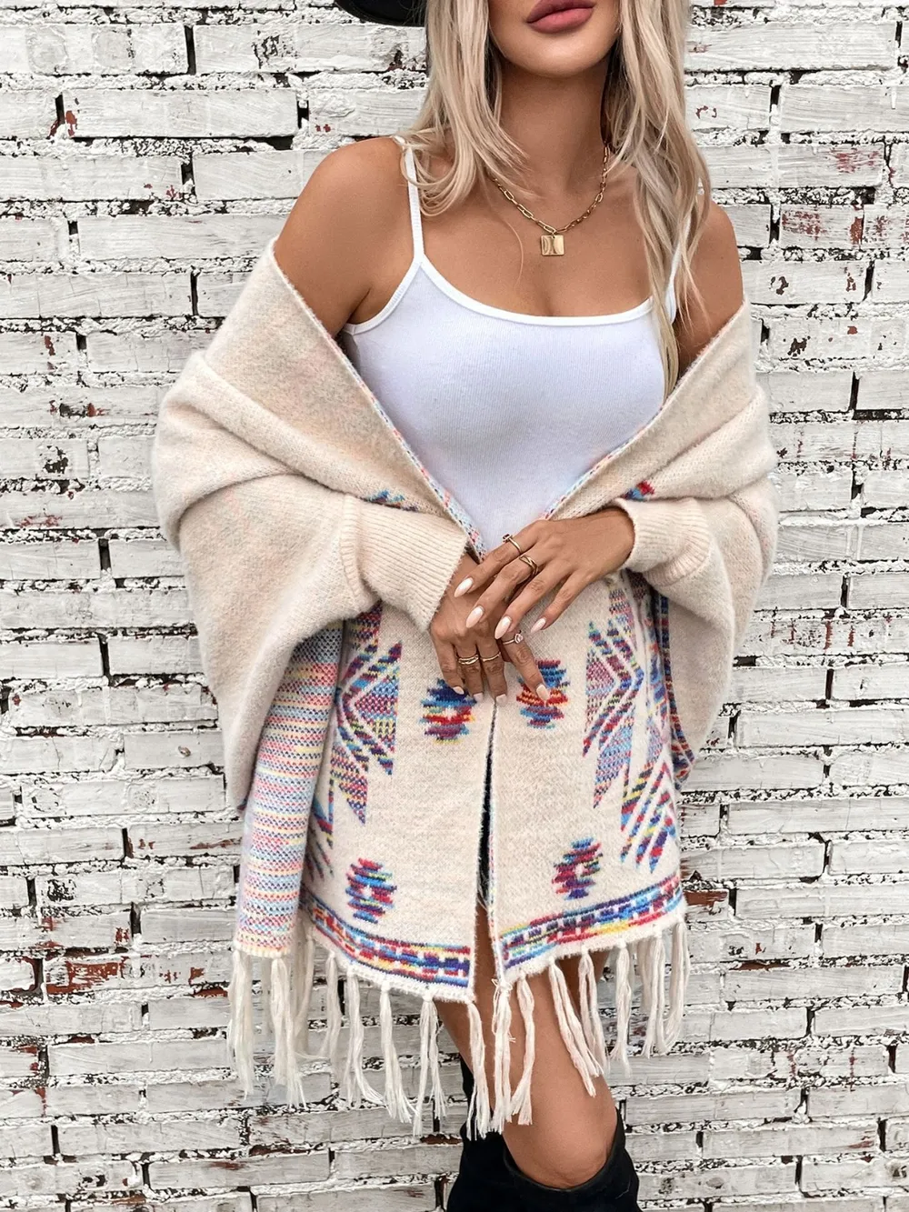 Fringe Geometric Open Front Long Sleeve Cape, image 6