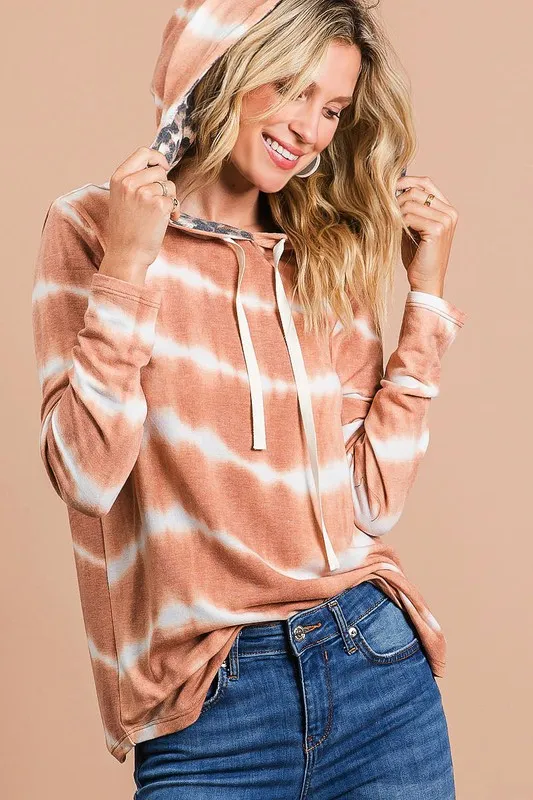 Tie Dye Stripe Terry Drawstring Hoodie With Leopard, image 3