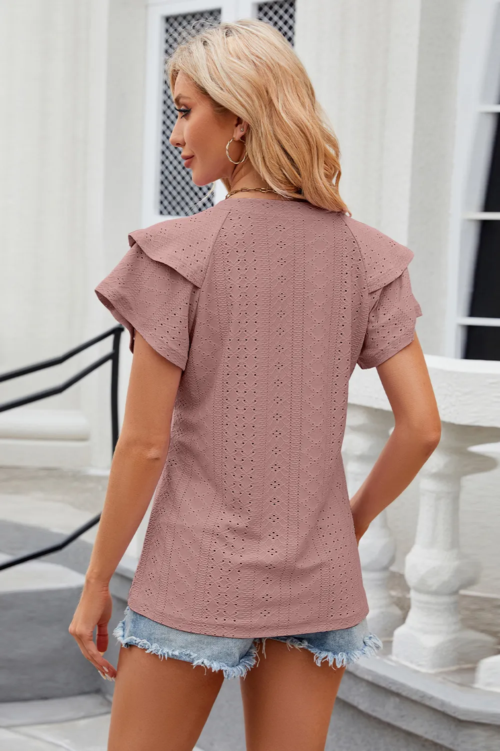 Eyelet Notched Short Sleeve T-Shirt, image 32