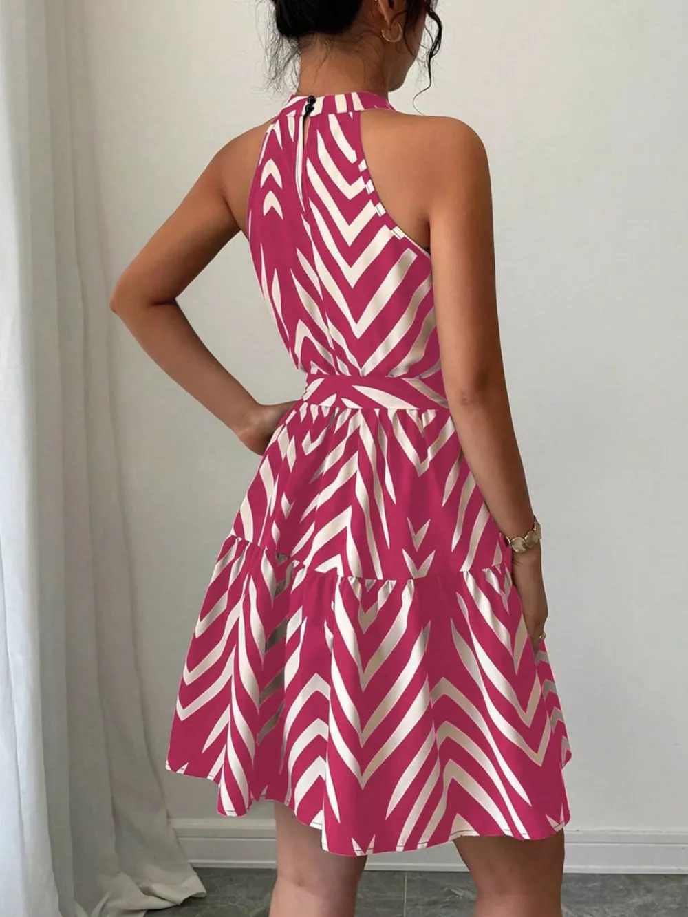 Zebra Print Halter Neck Tie Waist Ruffle Hem Dress, image 13