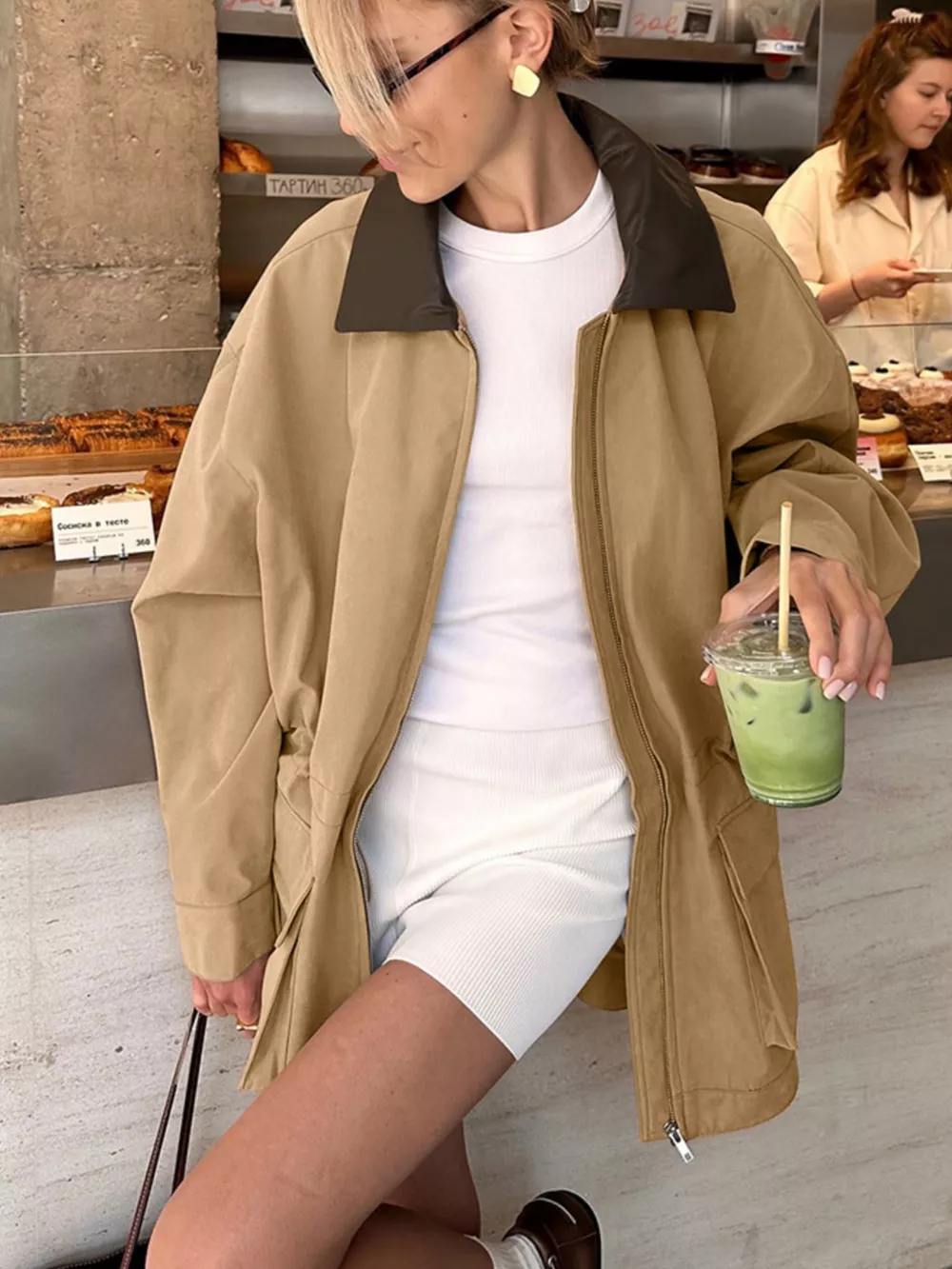 Oversized Contrast Collar Jacket with Drawstring Waist, image 5
