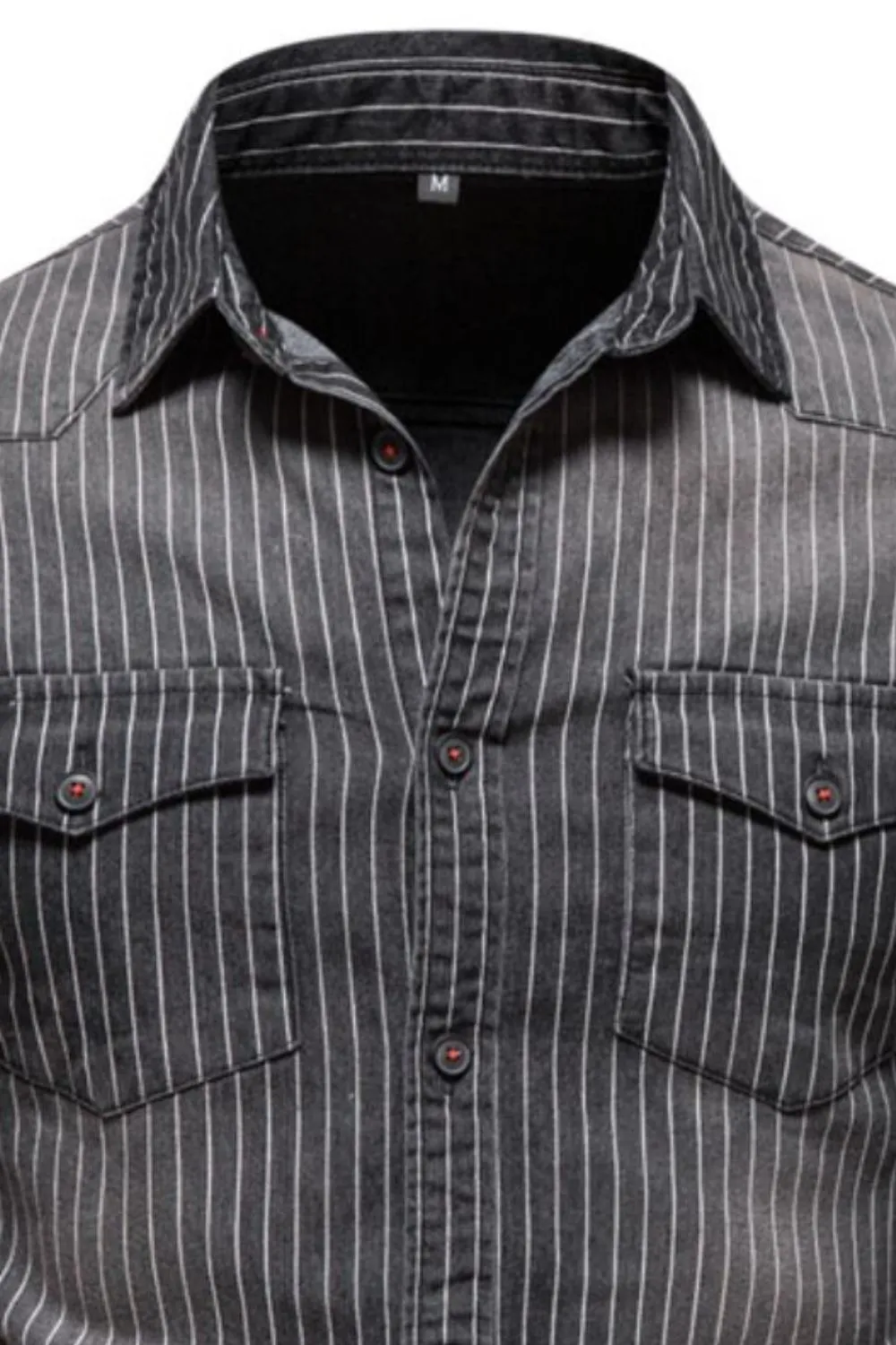 Men's Striped Collared Neck Button Down Denim Shirt, image 2