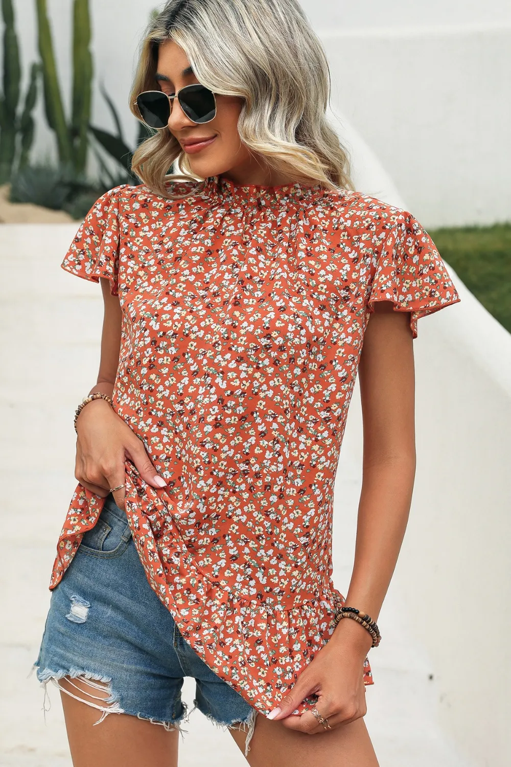 Ditsy Floral Mock Neck Short Sleeve T-Shirt, image 2