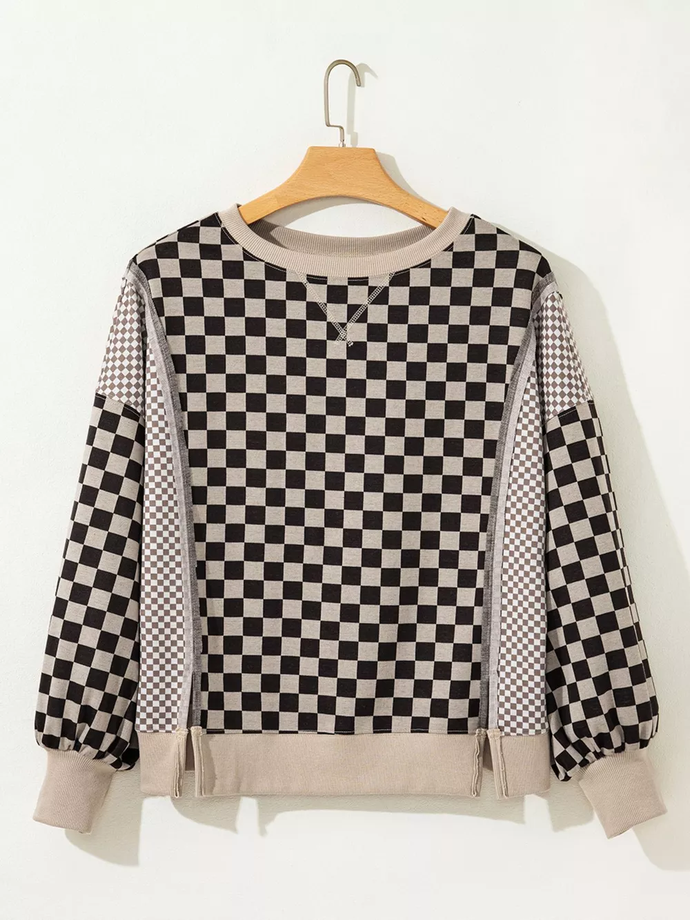 Mixed Checkered Pattern Patchwork High Low Casual Top, image 3