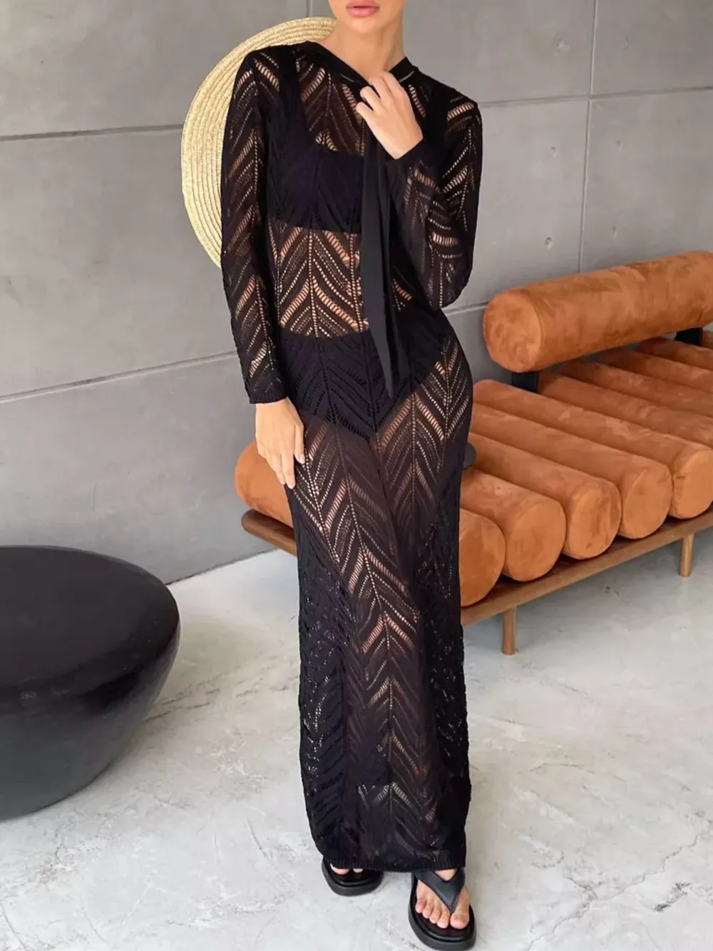 Openwork Long Sleeve Knit Cover Up Dress, image 4