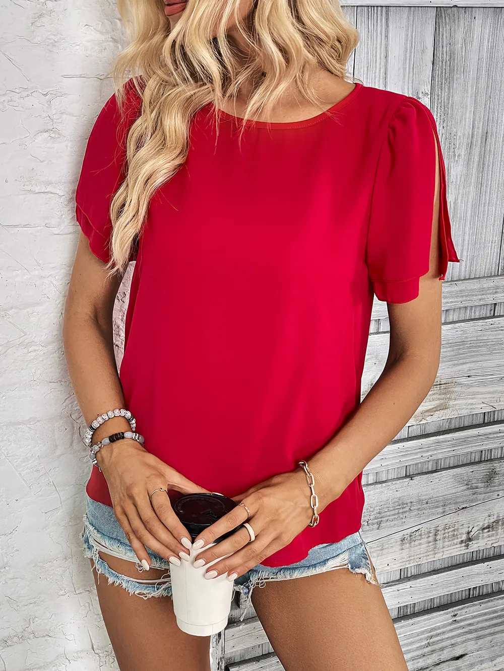 Round Neck Slit Short Sleeve Top, image 2