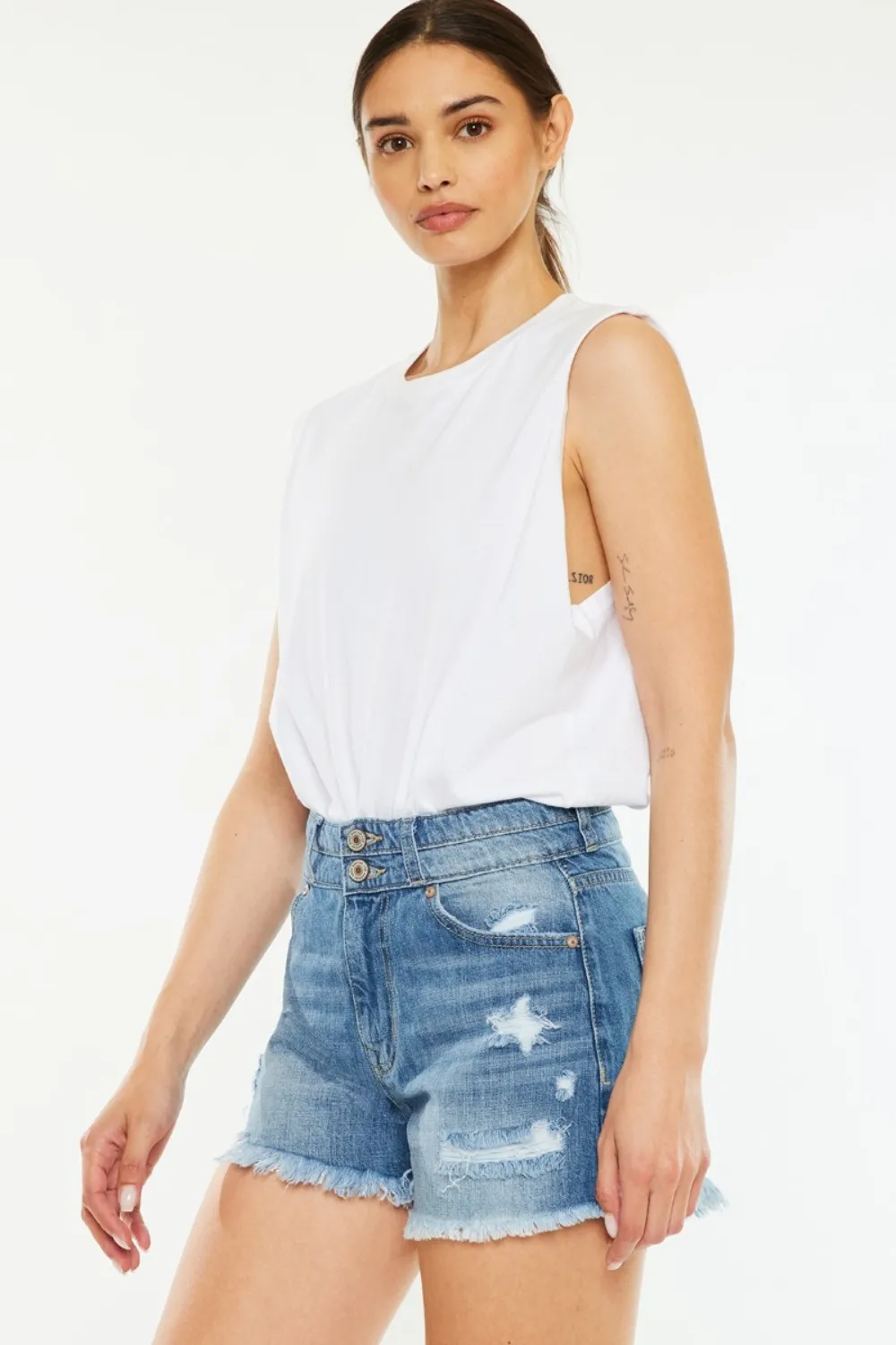Full Size High Rise Raw Hem Denim Shorts, image 2
