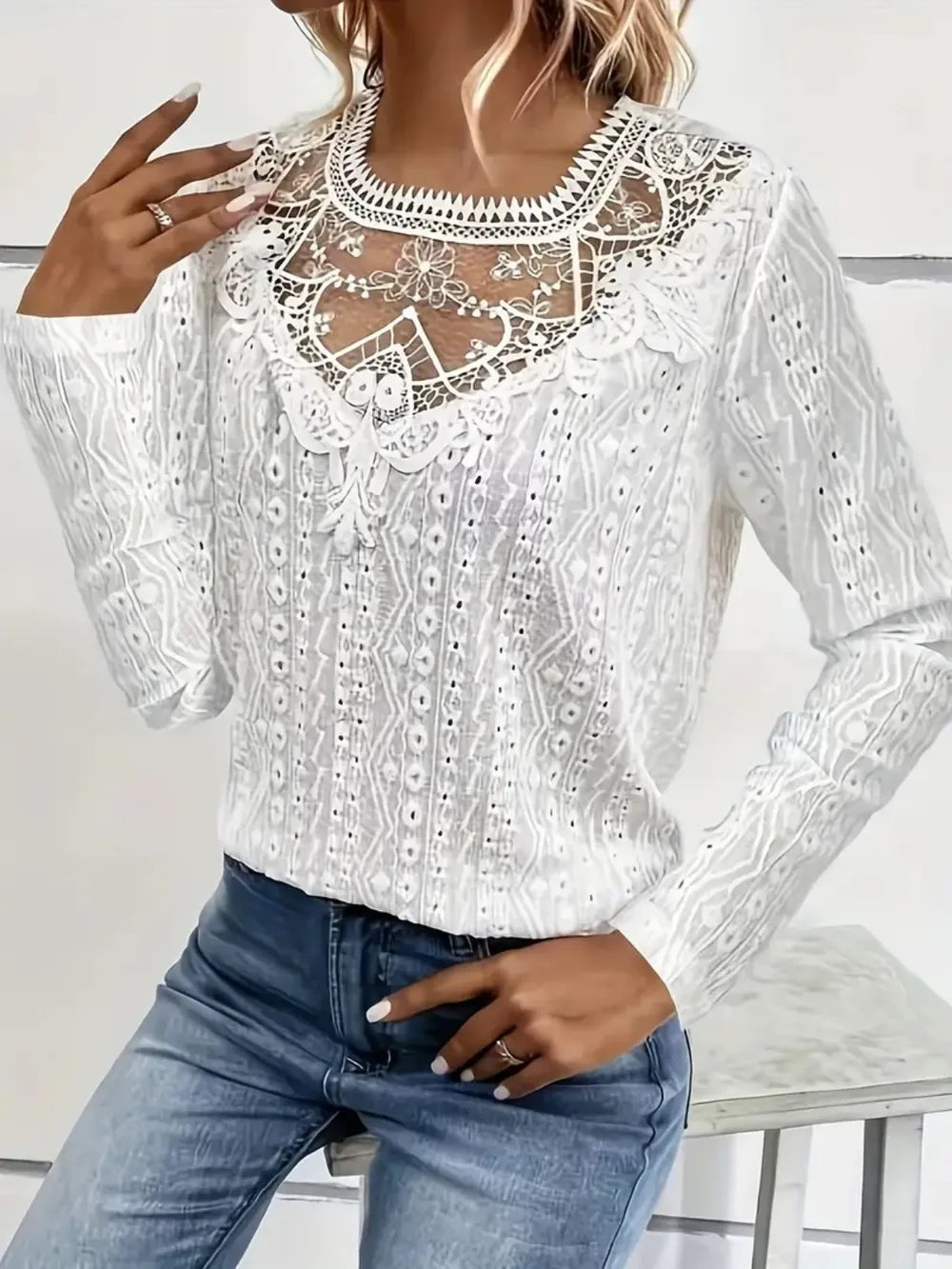 Lace Eyelet Long Sleeve Top, image 4