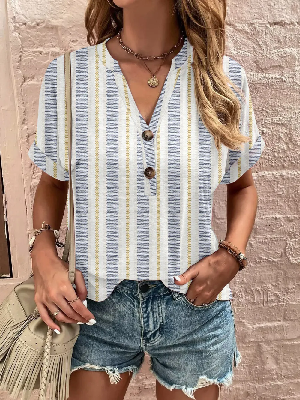 Full Size Printed Notched Short Sleeve Blouse, image 25