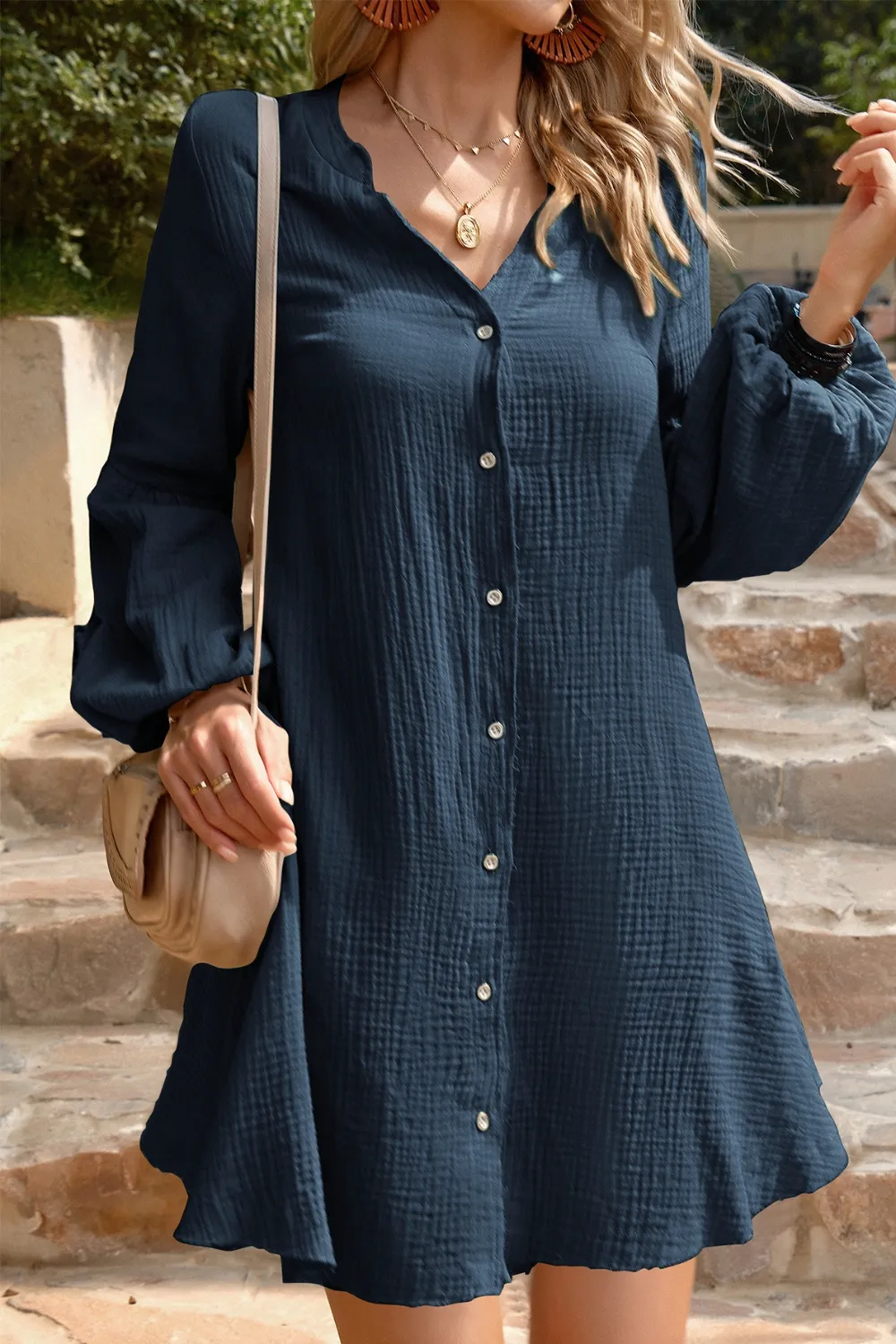 Notched Balloon Sleeve Mini Dress, image 9
