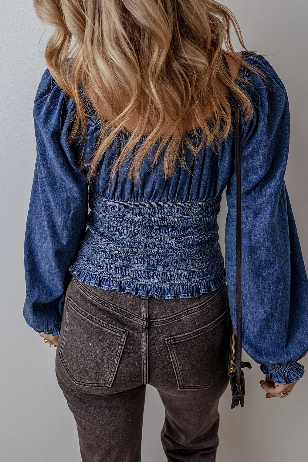Smocked Long Sleeve Denim Top, image 2
