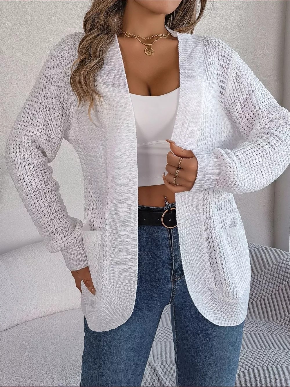 Chunky Knit Open Front Cardigan with Pockets, image 5