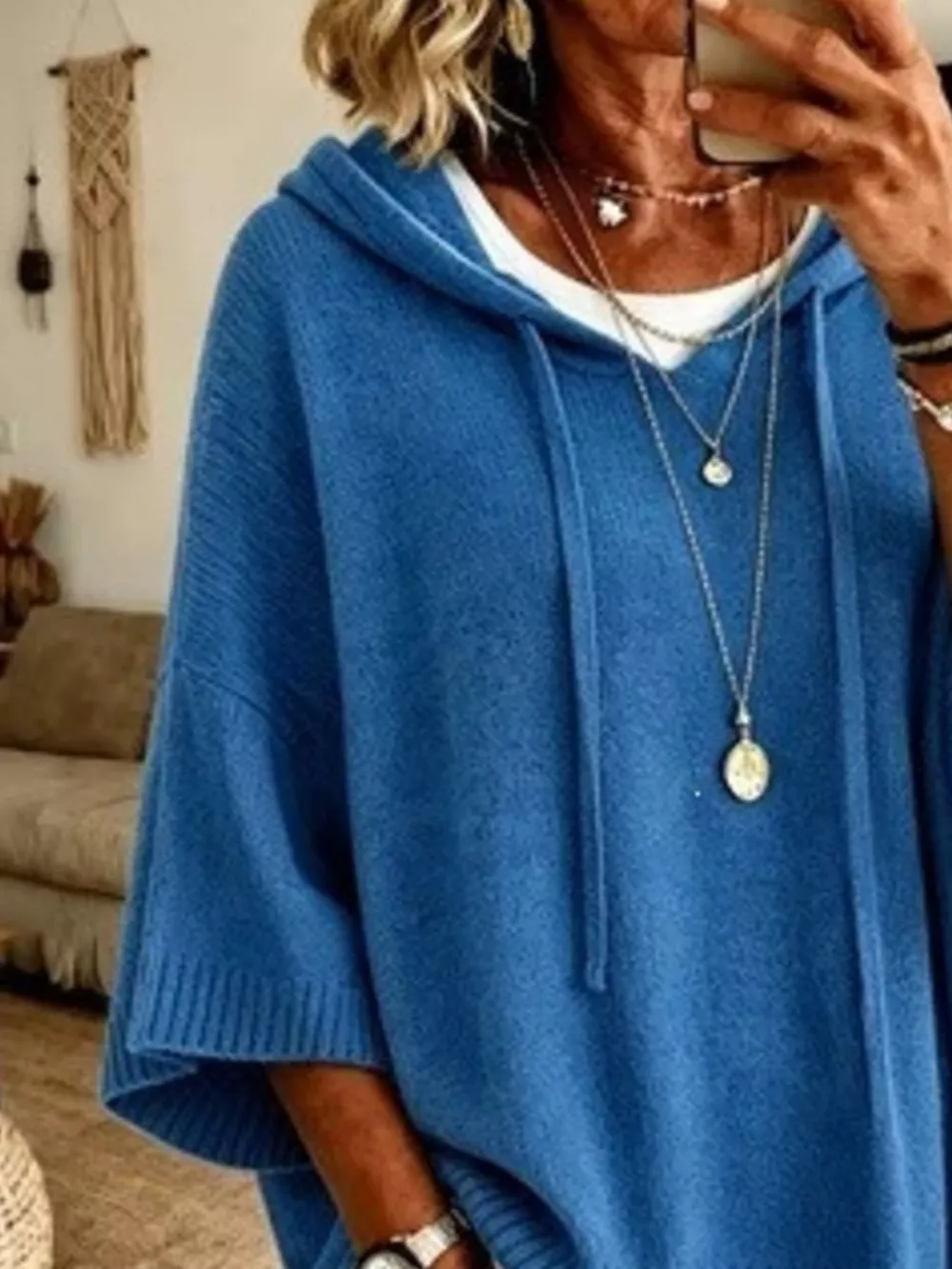 Casual Loose Fit Hooded Knit Sweater with Ribbed Hem, image 2