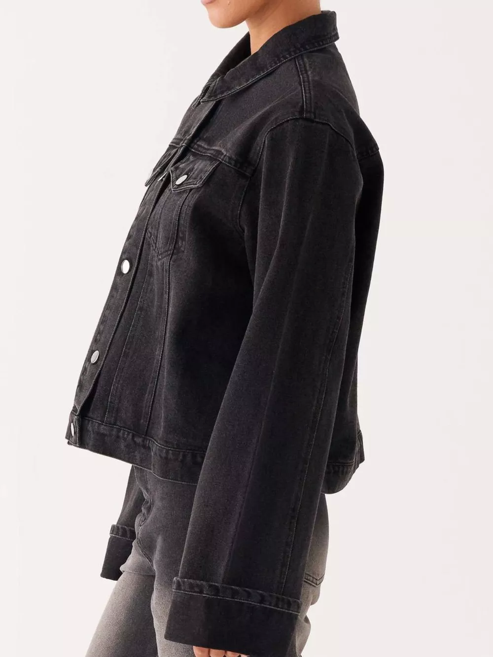 Button Down Cropped Oversized Denim Jacket, image 5