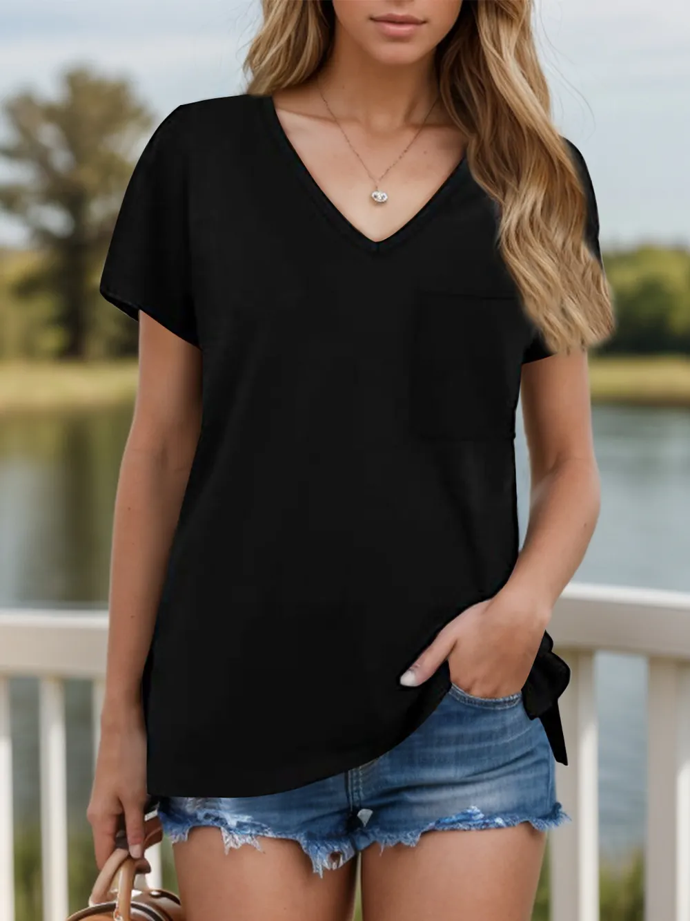 Pocketed Heathered V-Neck Short Sleeve T-Shirt, image 13