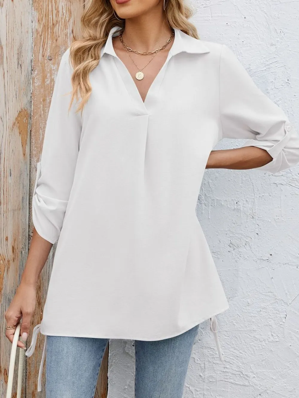 Drawstring Johnny Collared Three-Quarter Sleeve Top, image 19
