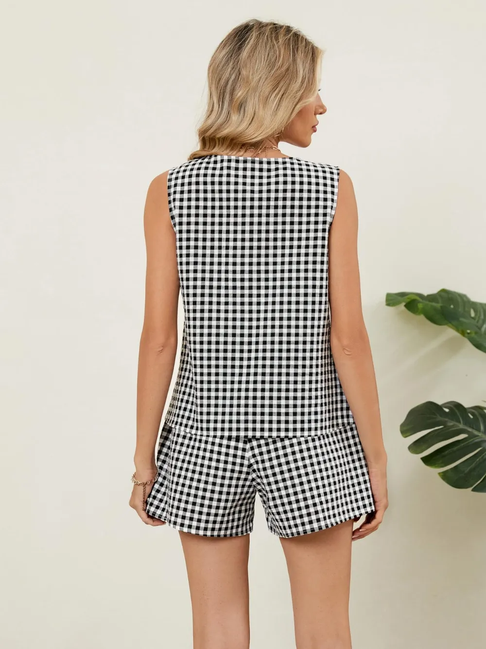 Plaid V-Neck Sleeveless Top and Shorts Set, image 2