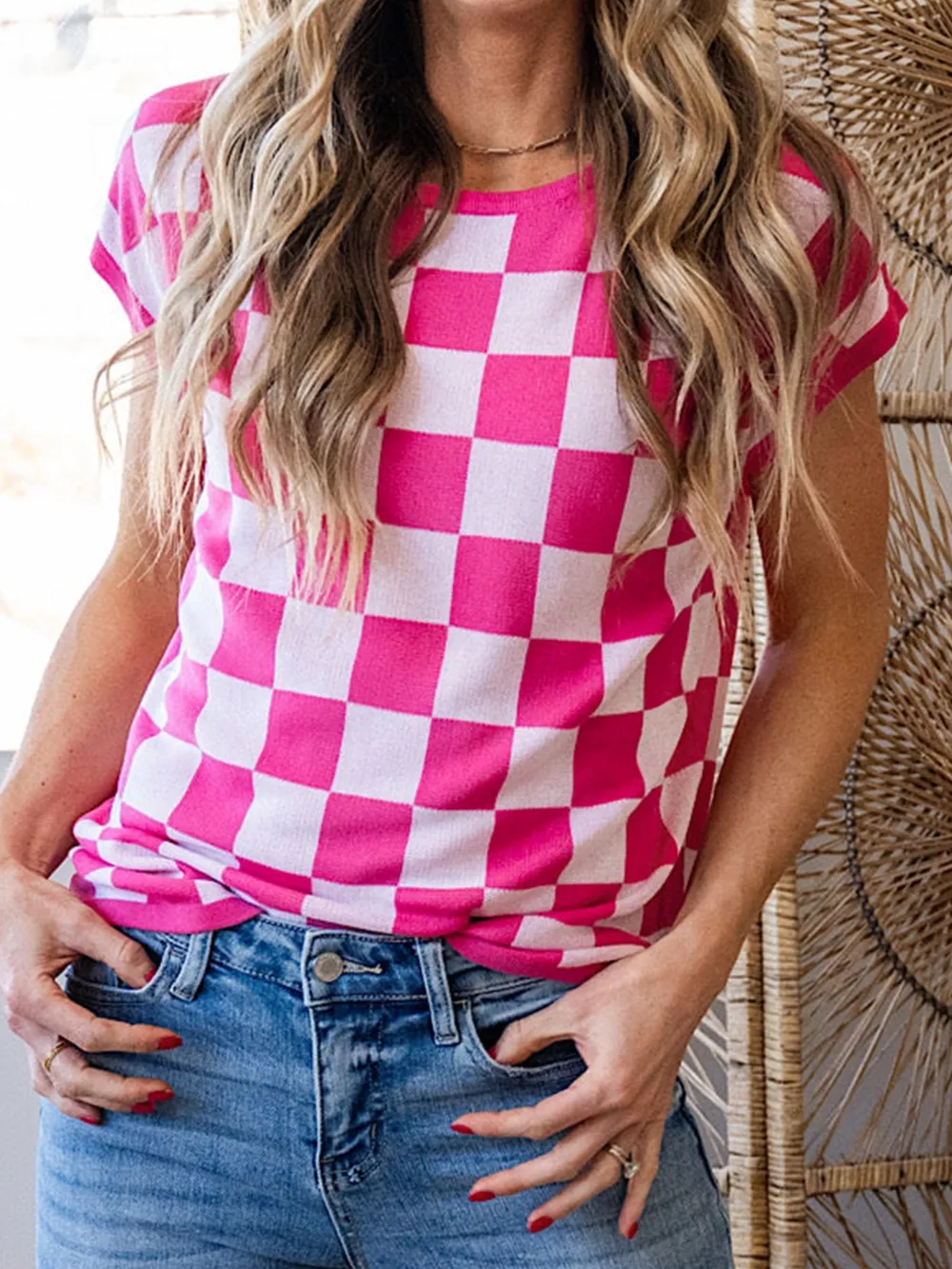 Checkered Cap Sleeve Casual Sweater Top