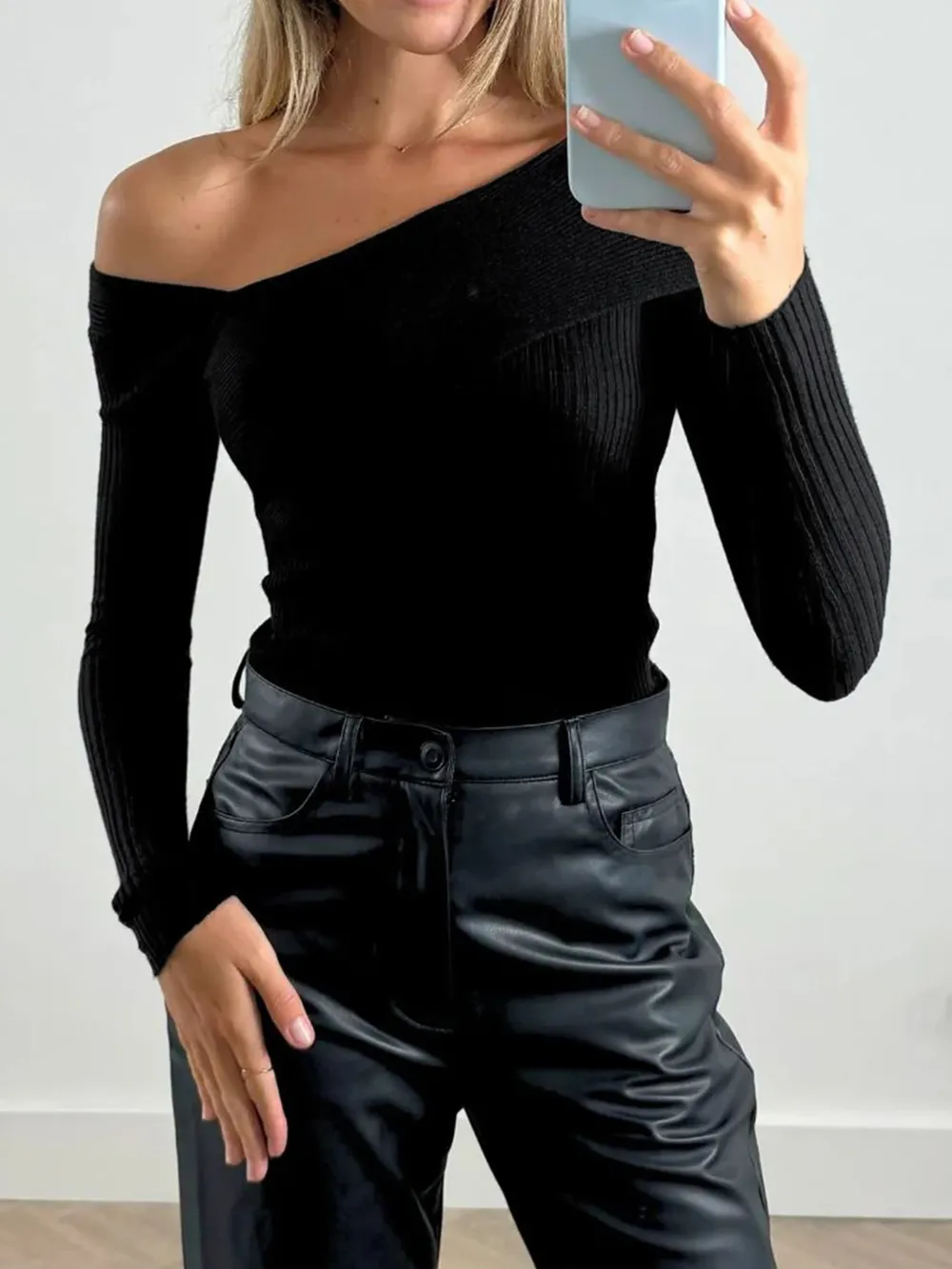 Off-Shoulder Ribbed Knit Top, image 5