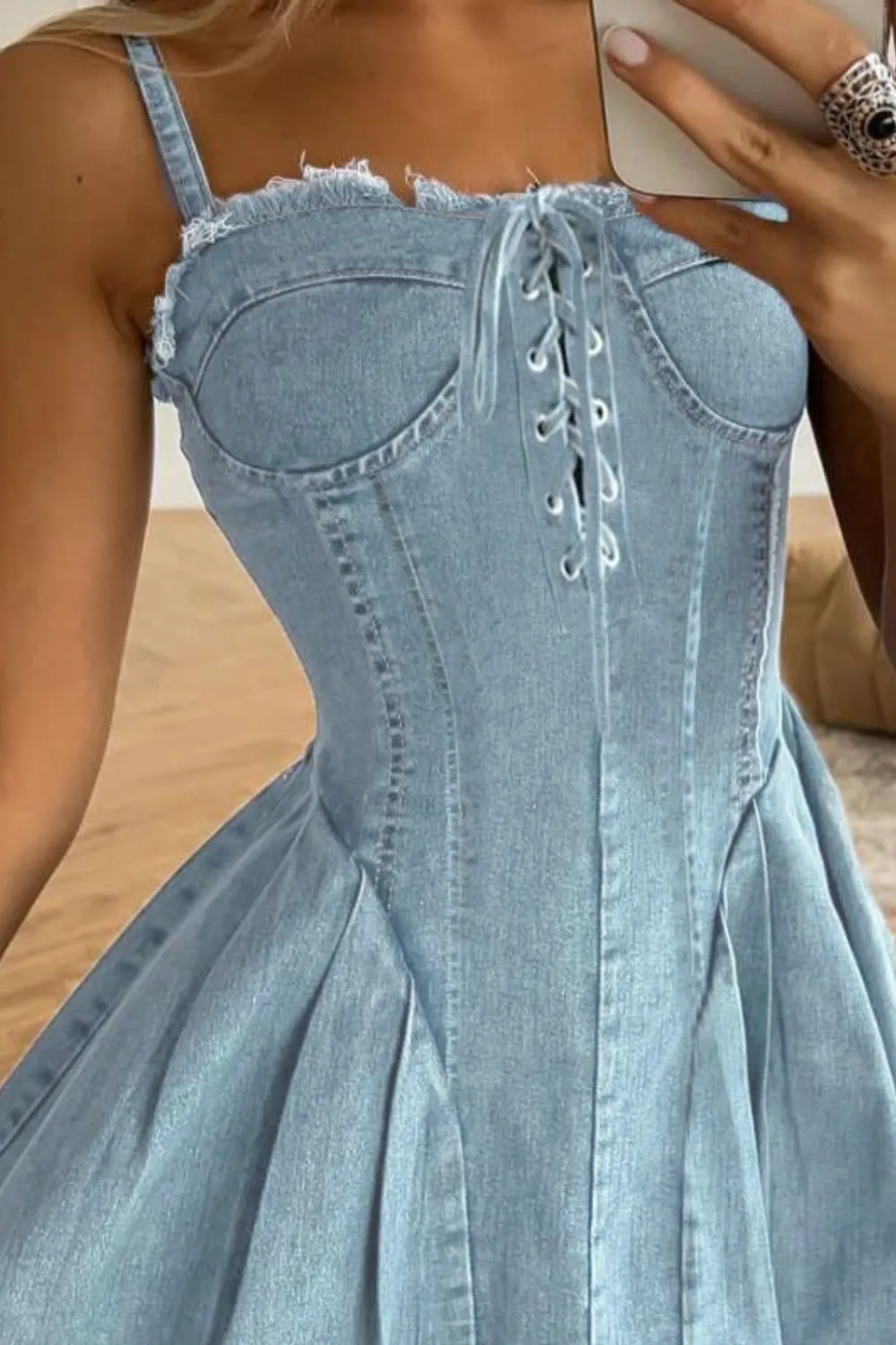 Lace Up Denim Cami Dress, image 2