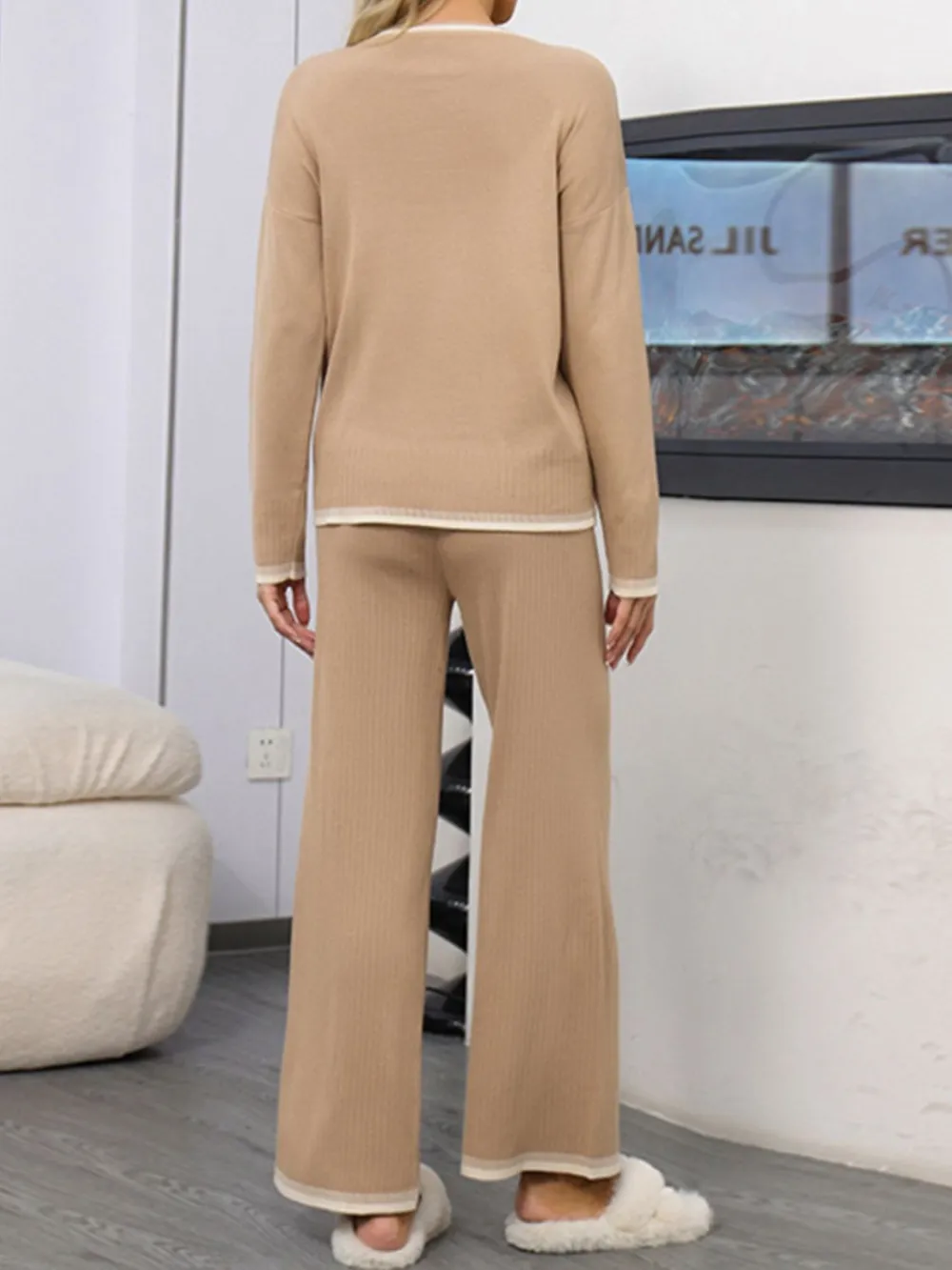 Contrast Trim Round Neck Top and Pants Sweater Set, image 9