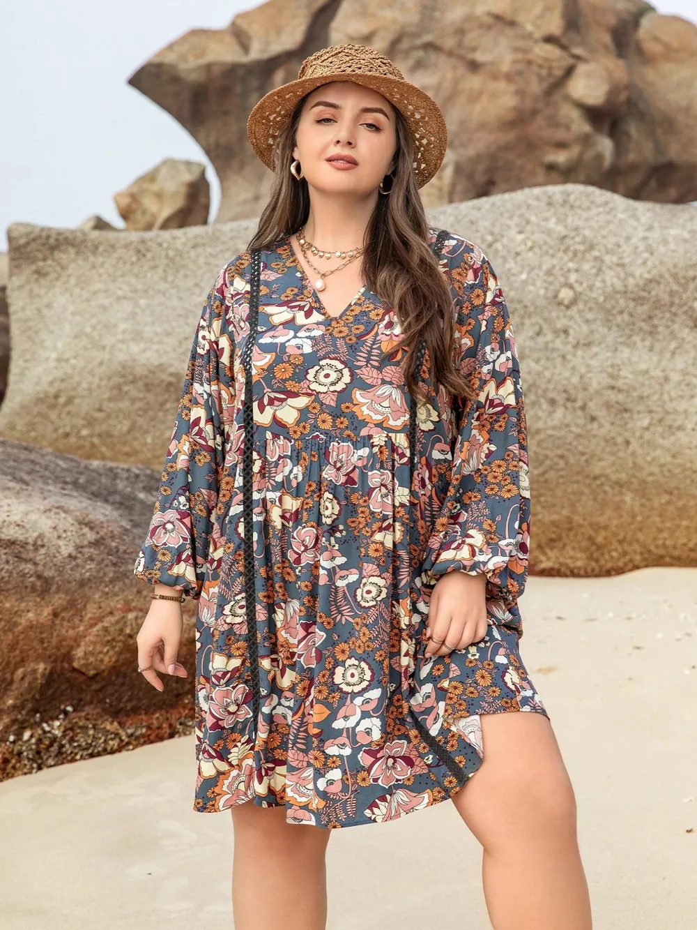 Plus Size Floral Print Long Sleeve Mini Dress, image 2